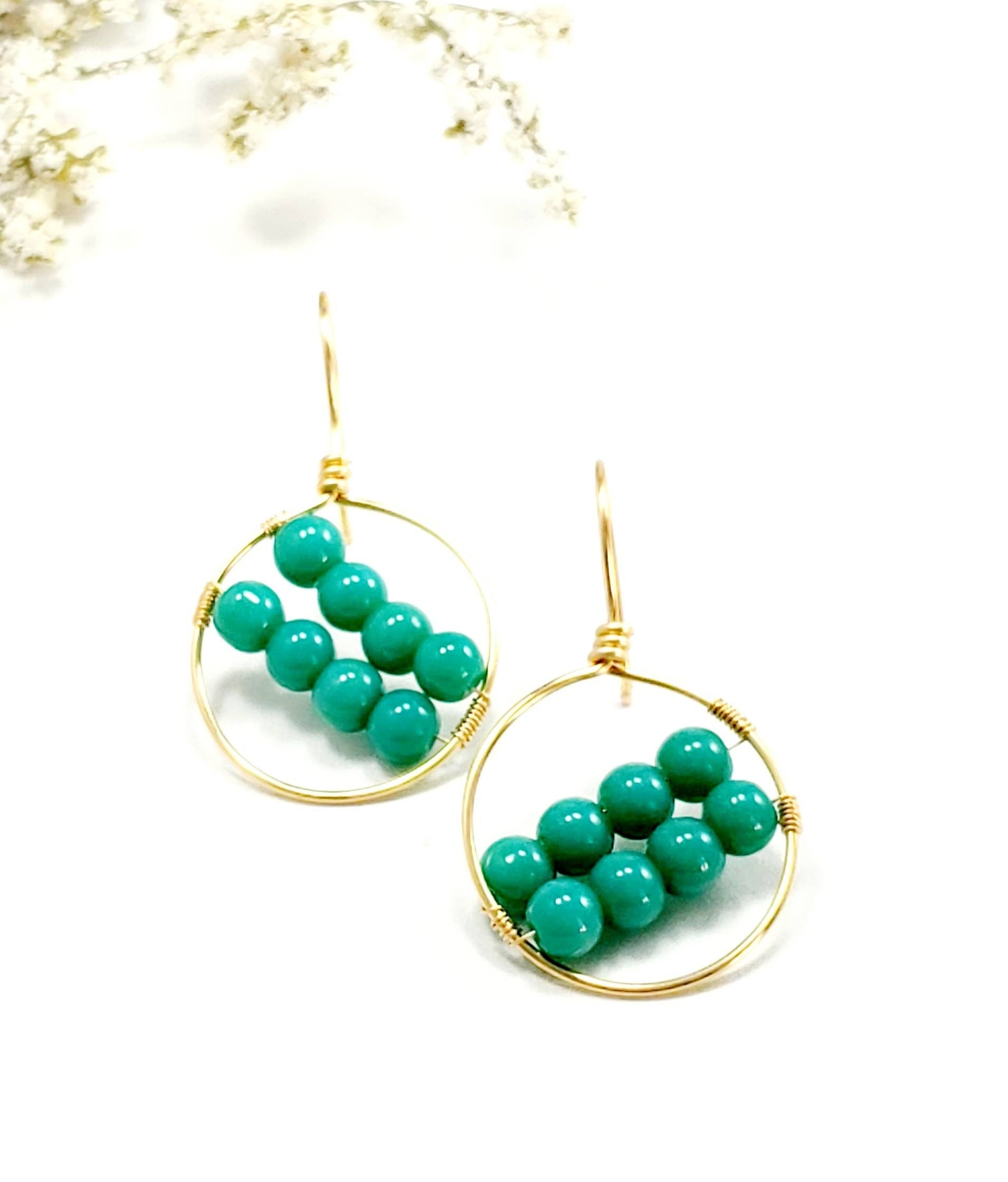 Green Hoop Earrings, Beaded Hoop Earrings, Dainty hoop earrings, Gold hoop earrings, Boho Beaded Hoop Earrings,Bright Beaded Hoop