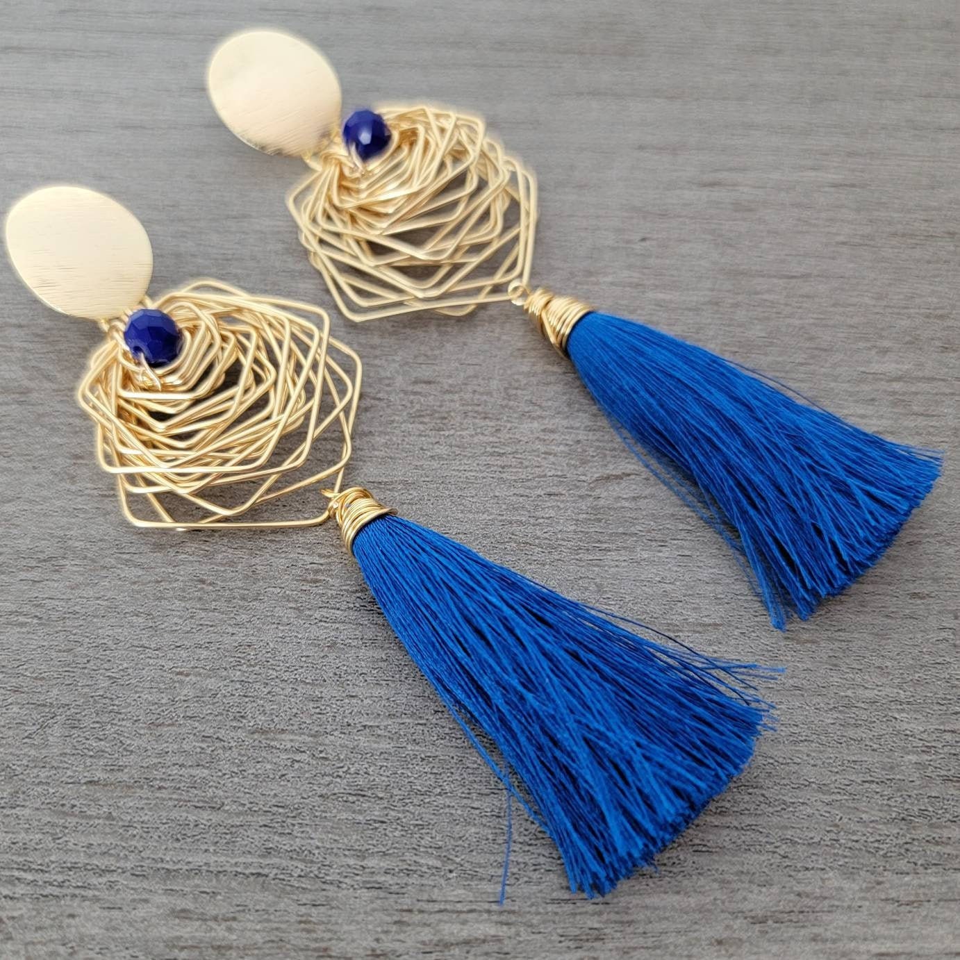 Blue tassel earrings, Gold Geometric Tassel earrings, Something blue for bride, Gold tassel earrings, long earrings, Blue earrings wedding