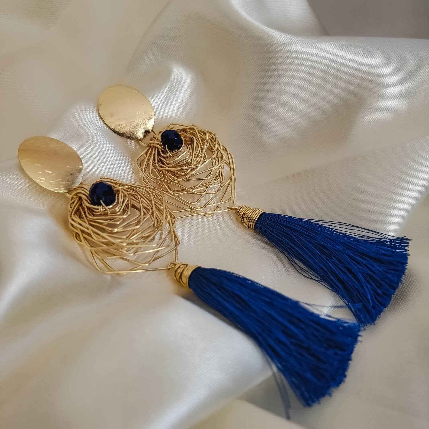 Blue tassel earrings, Gold Geometric Tassel earrings, Something blue for bride, Gold tassel earrings, long earrings, Blue earrings wedding