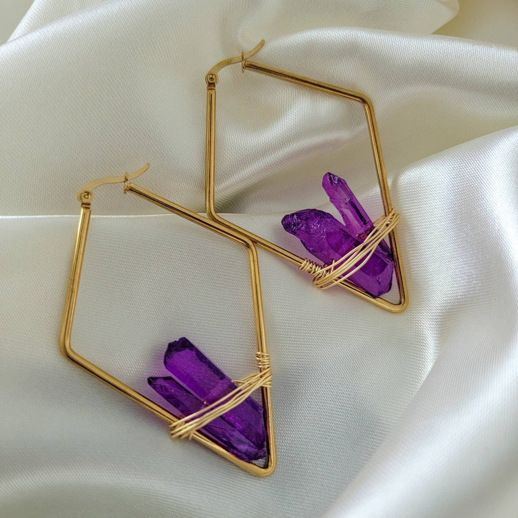 Raw crystal earrings, Healing Earrings, Thin gold hoop earrings, Quartz hoop earrings, raw stone hoops, gift for- her, giftful sister