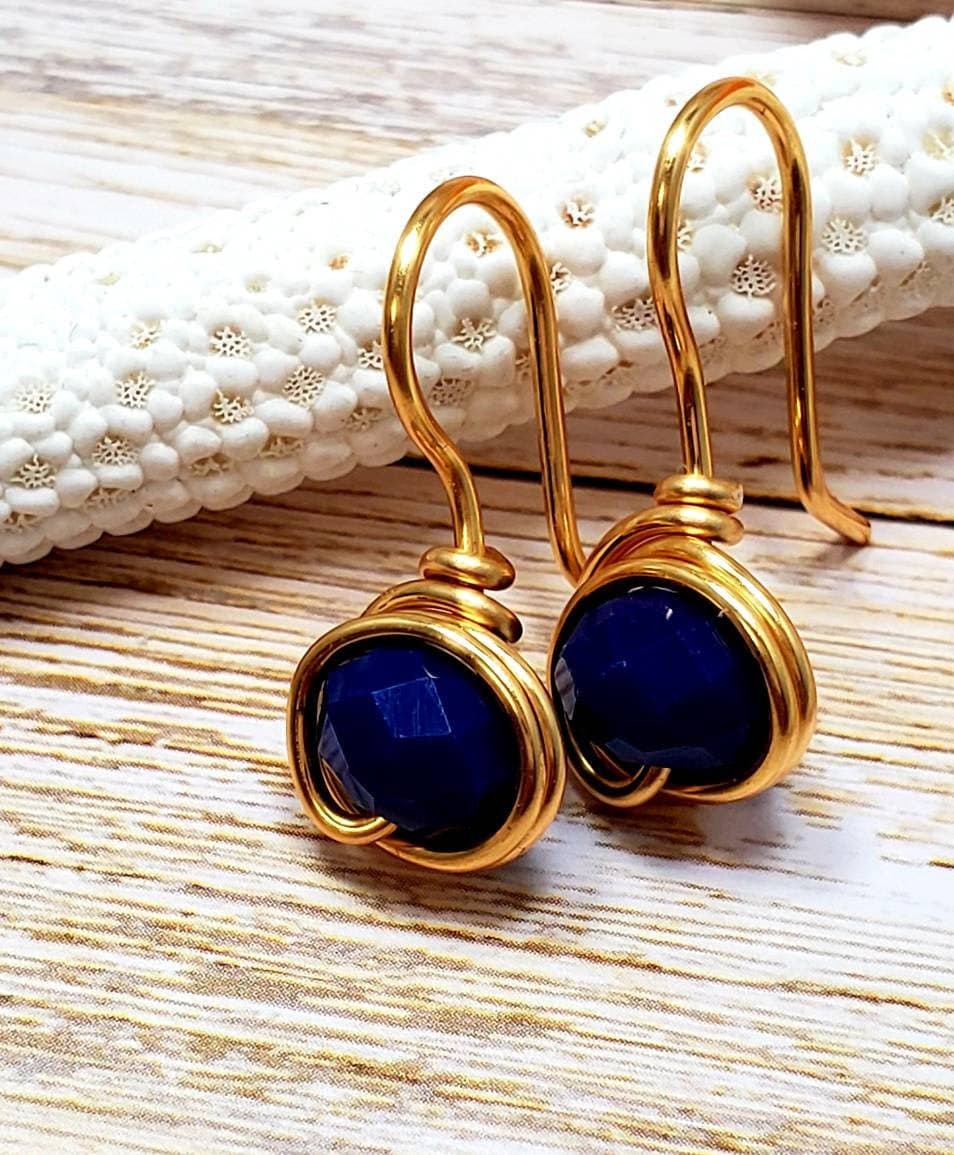 Navy Blue Round Earrings, Tiny drop Earrings, Navy Crystal Earrings Dangle, Blue Navy Bridal Earrings Bridal Dark Blue Earrings Gift For Her