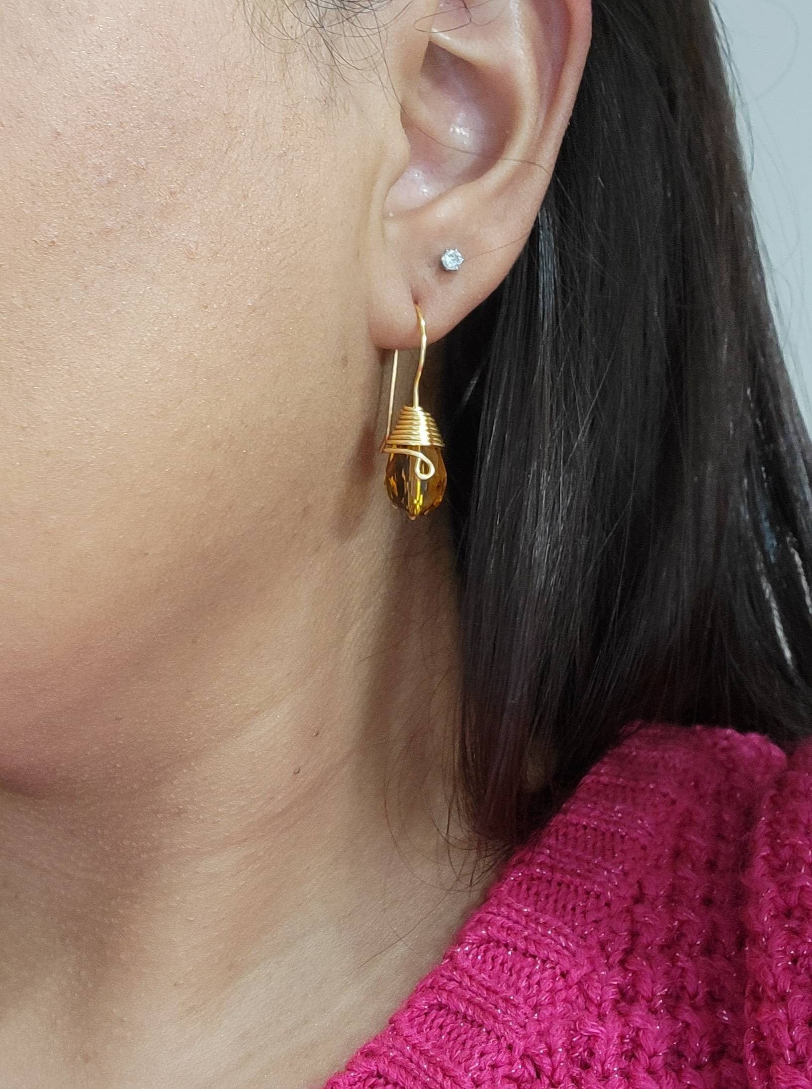 Huggie earrings, Small crystal earrings, Tear drop earrings, Tiny dangle earrings, Wire wrapped earrings, Funky earrings,Aunt gift Christmas