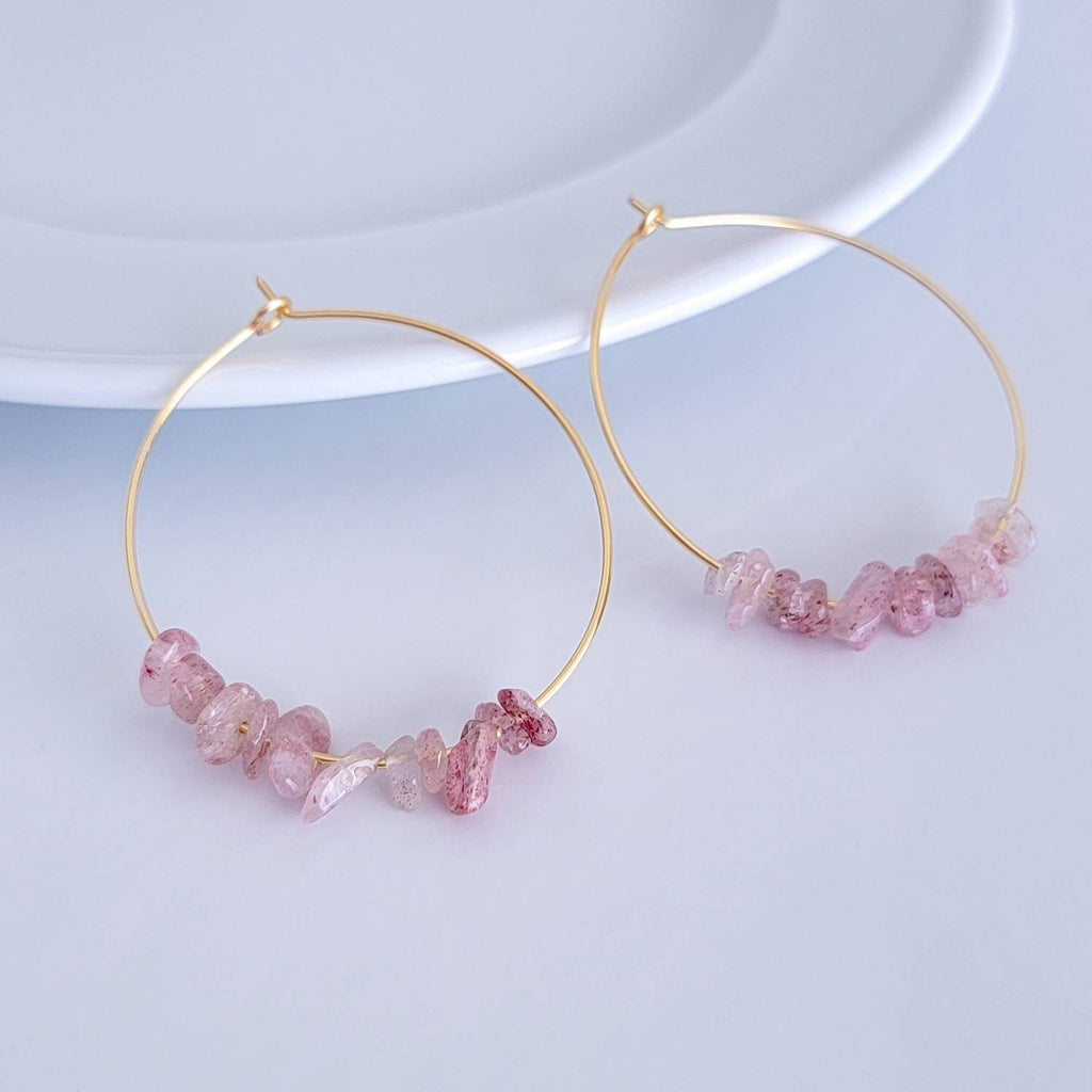 Strawberry quartz earrings, Raw crystal earrings, Thin hoop earrings, Crystal hoop earrings, Raw quartz earrings, Big hoop earrings