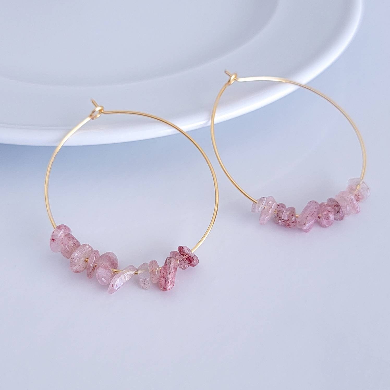 Strawberry quartz earrings, Raw crystal earrings, Thin hoop earrings, Crystal hoop earrings, Raw quartz earrings, Big hoop earrings