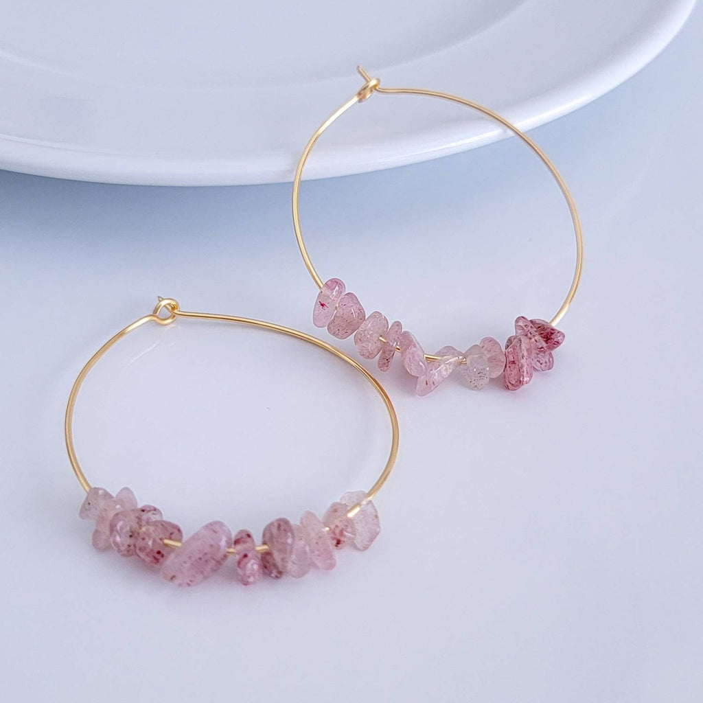Strawberry quartz earrings, Raw crystal earrings, Thin hoop earrings, Crystal hoop earrings, Raw quartz earrings, Big hoop earrings