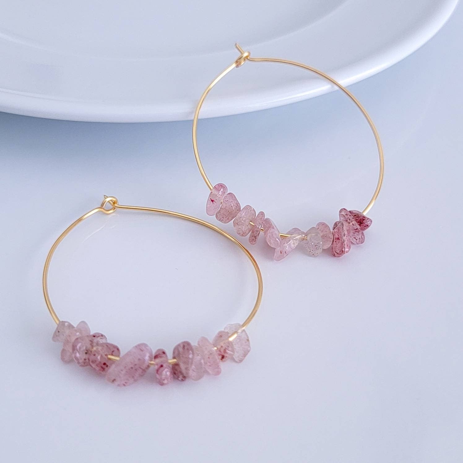 Strawberry quartz earrings, Raw crystal earrings, Thin hoop earrings, Crystal hoop earrings, Raw quartz earrings, Big hoop earrings