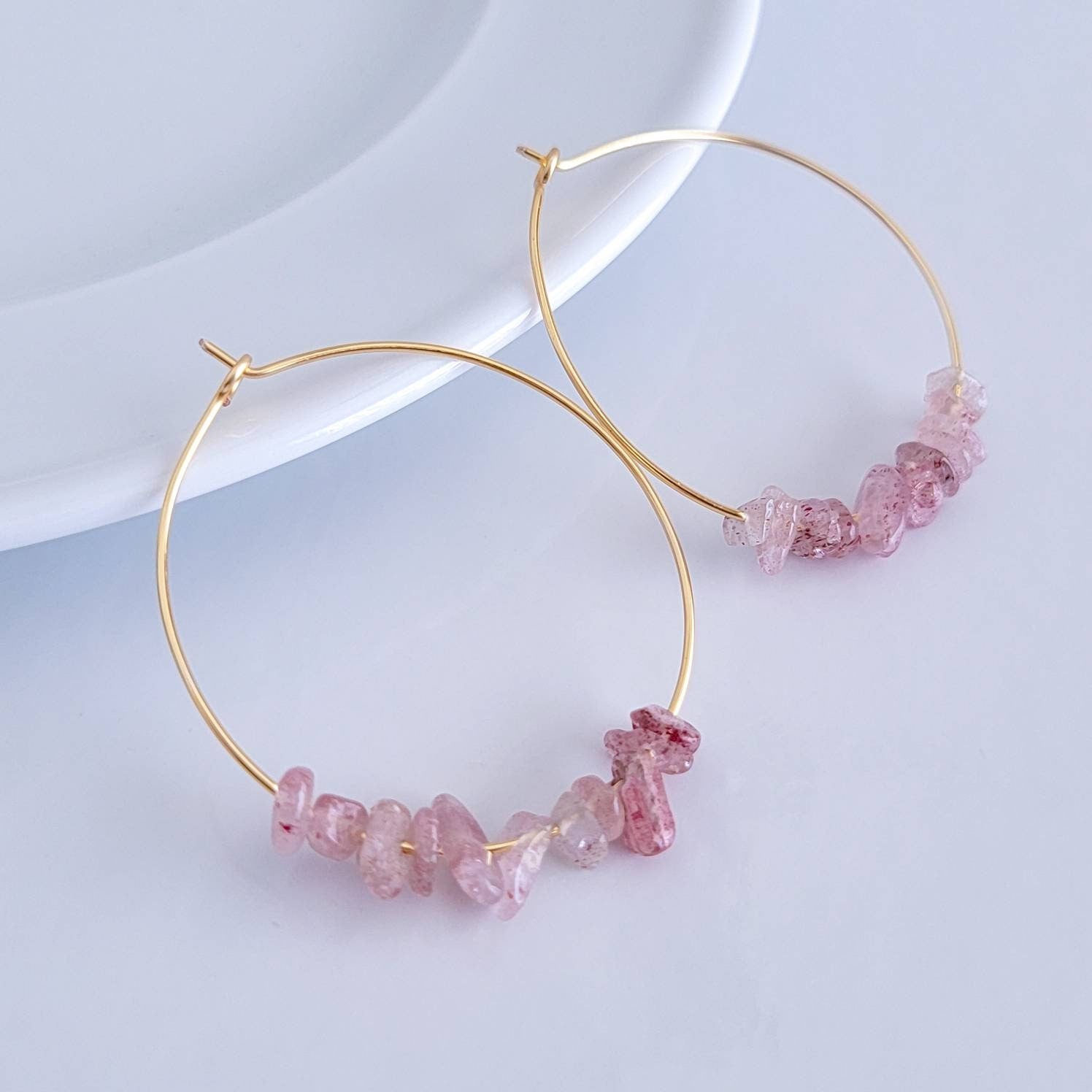 Strawberry quartz earrings, Raw crystal earrings, Thin hoop earrings, Crystal hoop earrings, Raw quartz earrings, Big hoop earrings