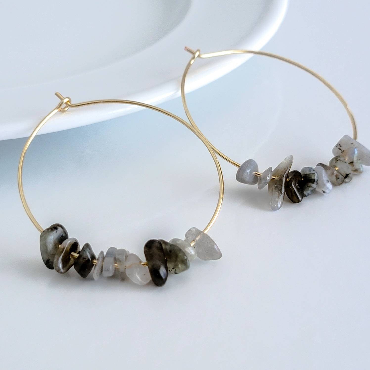 Labradorite Hoop Earrings - Gold Filled, Thin Hoop Earrings, gemstone hoop earrings