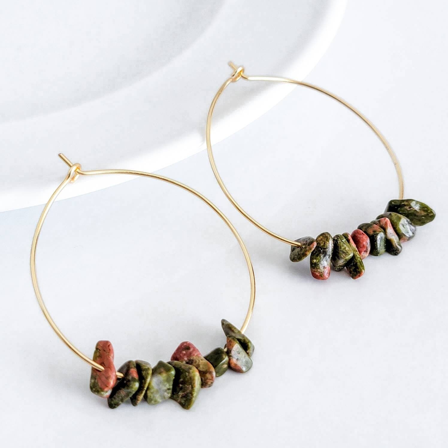 Unakite earrings, Large hoop earrings, Gold filled hoop earrings, Gemstone hoop earrings, Beaded hoop earrings, Dainty hoop earrings