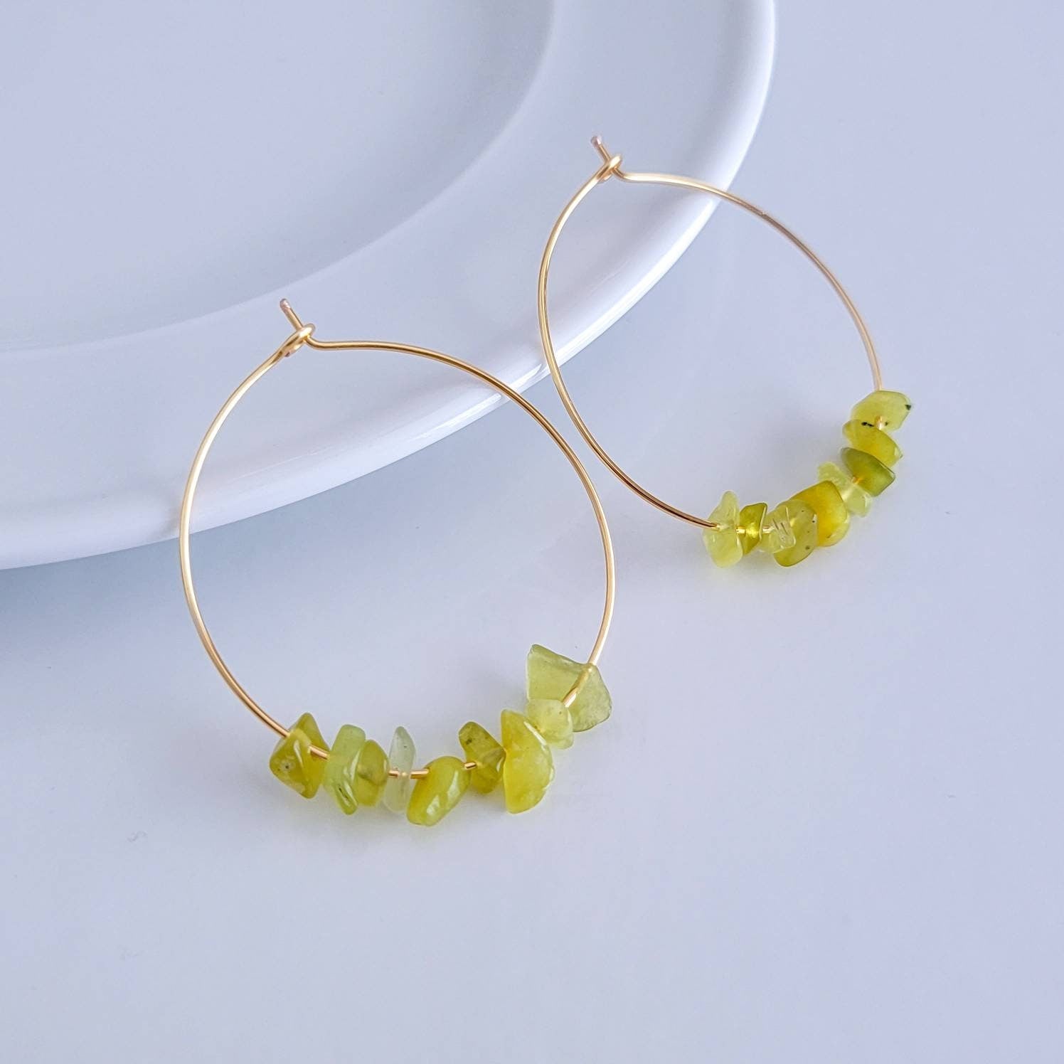 Olive Jade earrings, Jade hoop earrings,  Gold jade earrings, Gold hoop earrings, Thin jade Hoop Earrings, Jade Gemstone earrings