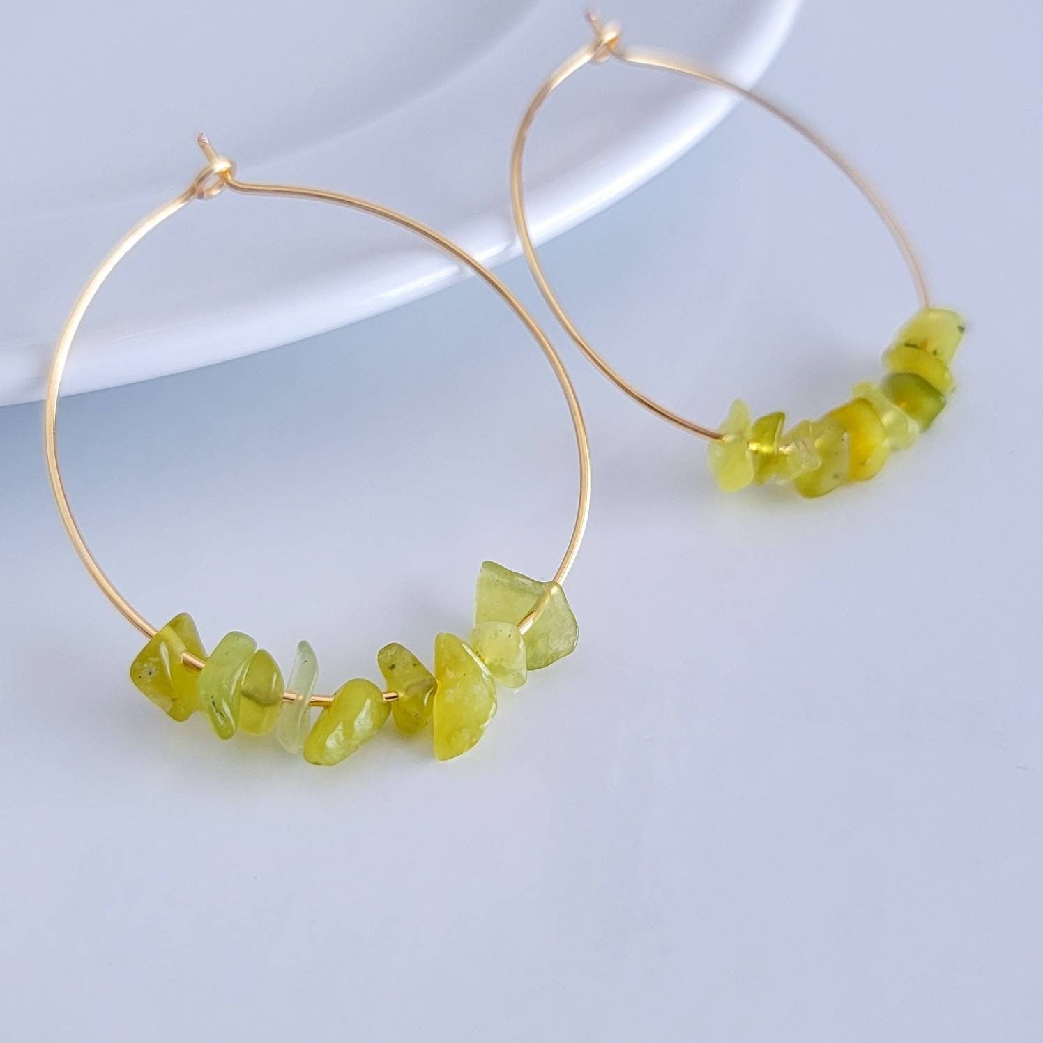 Olive Jade earrings, Jade hoop earrings,  Gold jade earrings, Gold hoop earrings, Thin jade Hoop Earrings, Jade Gemstone earrings