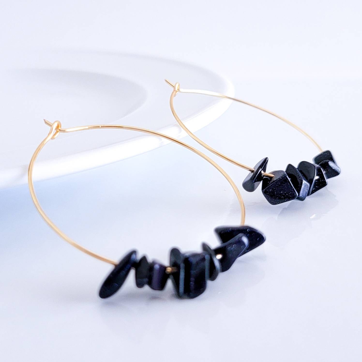Thin gold hoop Blue goldstone earrings, gold filled hoop, gold wire hoop, large thin hoop, thin wire hoop, gifted earring, gifted-for women