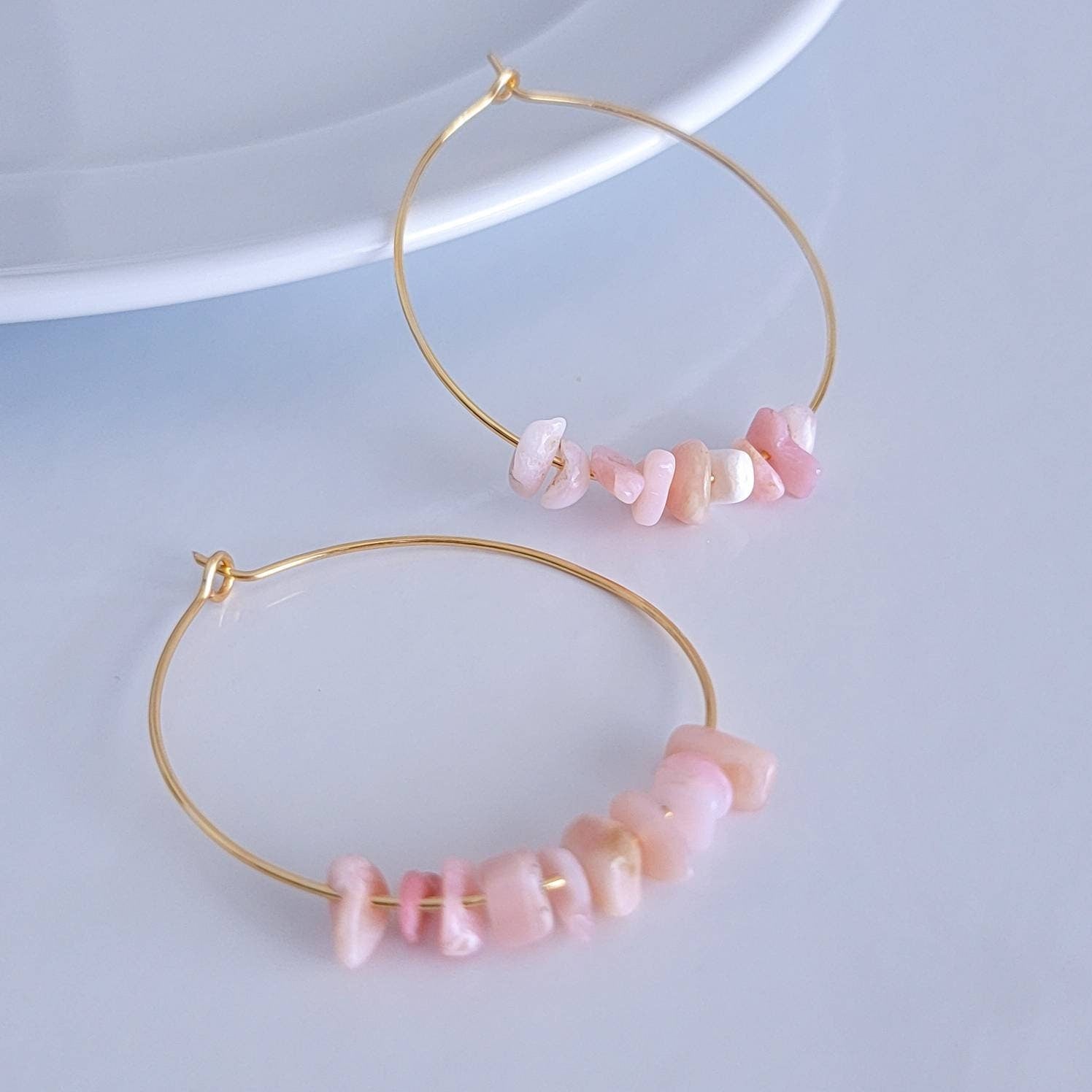 Pink opal hoop earrings, Pink rose earrings, Big hoop earrings, Thin hoop earrings, Crystal hoop earrings, Gold filled hoop earrings,