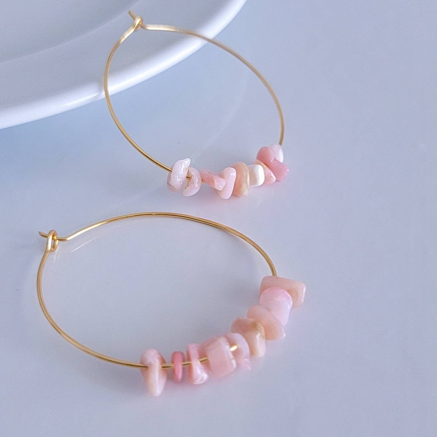 Pink opal hoop earrings, Pink rose earrings, Big hoop earrings, Thin hoop earrings, Crystal hoop earrings, Gold filled hoop earrings,