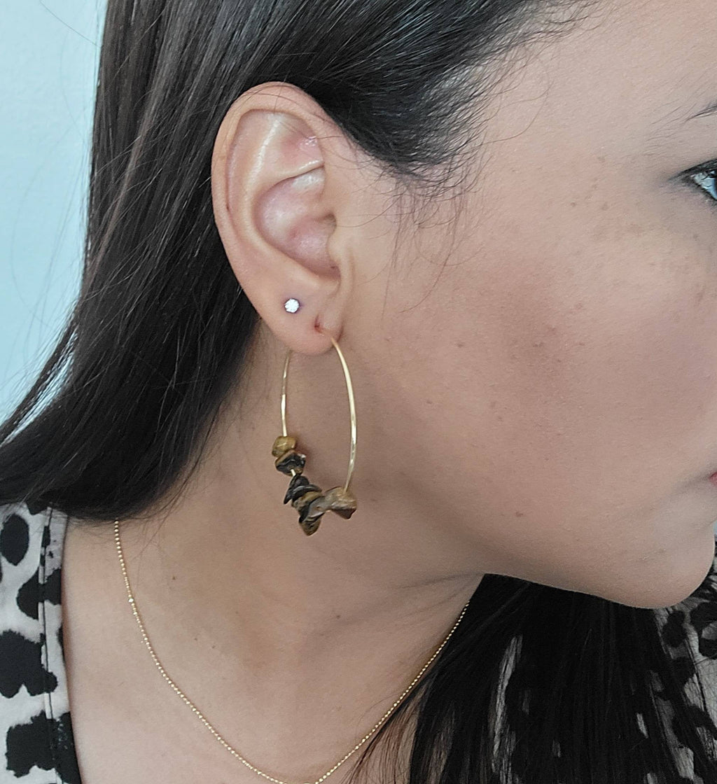 Tiger eye earrings, Thin gold hoop earrings, unique hoop earrings, thin hoop earrings, gold filled hoop earrings, gifted mom, mom-mom gifts