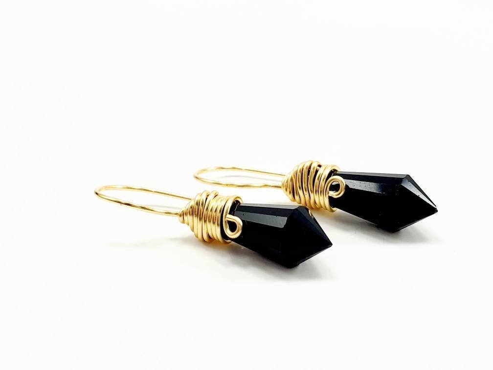 Black Pendulum Wire Wrapped Earring, Black Earrings, Black Crystal Earrings, Wirewrapped jewelry, Small crystal earrings, Bday gifts for her, healing