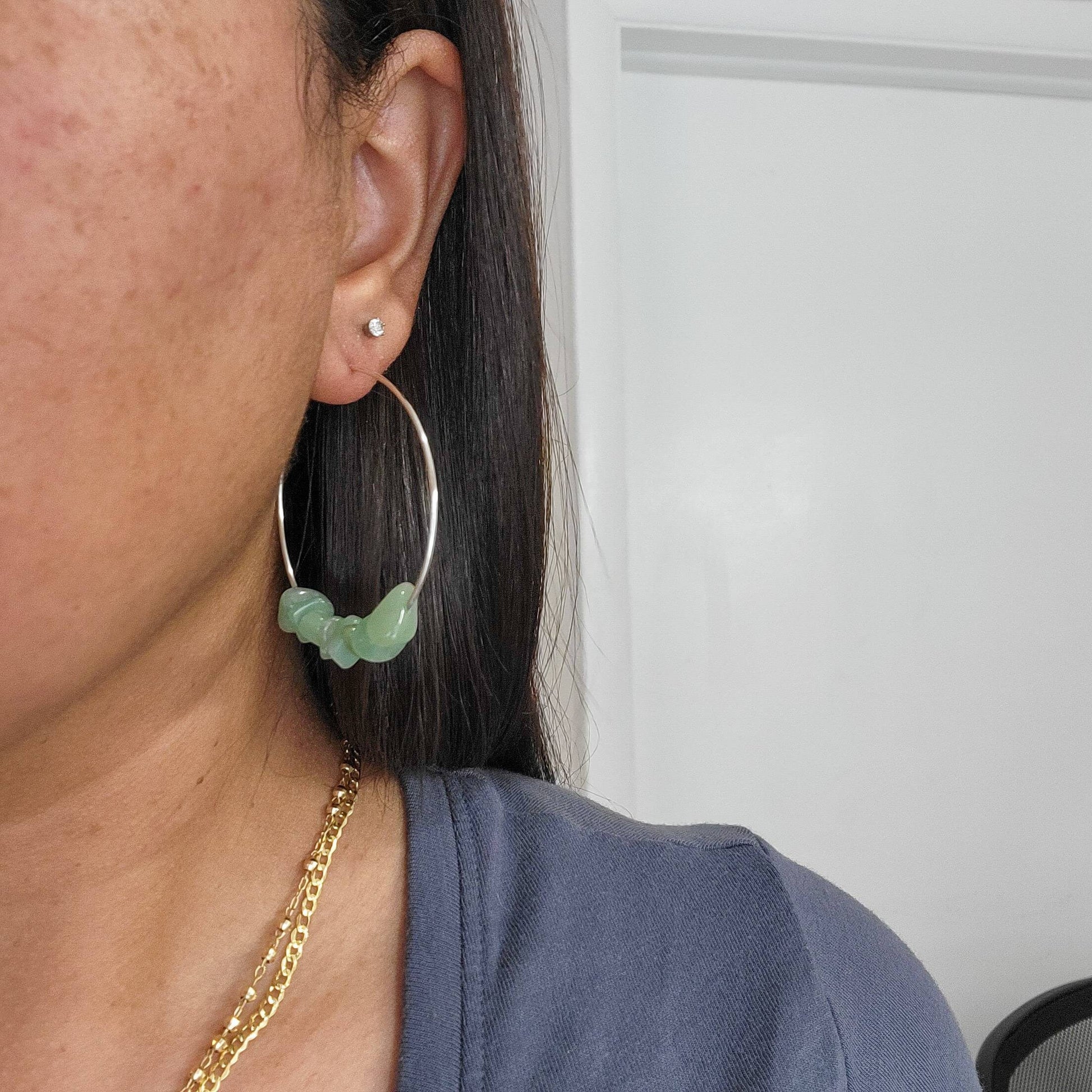 Aventurine Earrings, GEMSTONE HOOP EARRINGS, Raw Crystal hoop earrings, Raw stone earrings, thin wire hoop, wire wrap hoop, flat gold hoop
