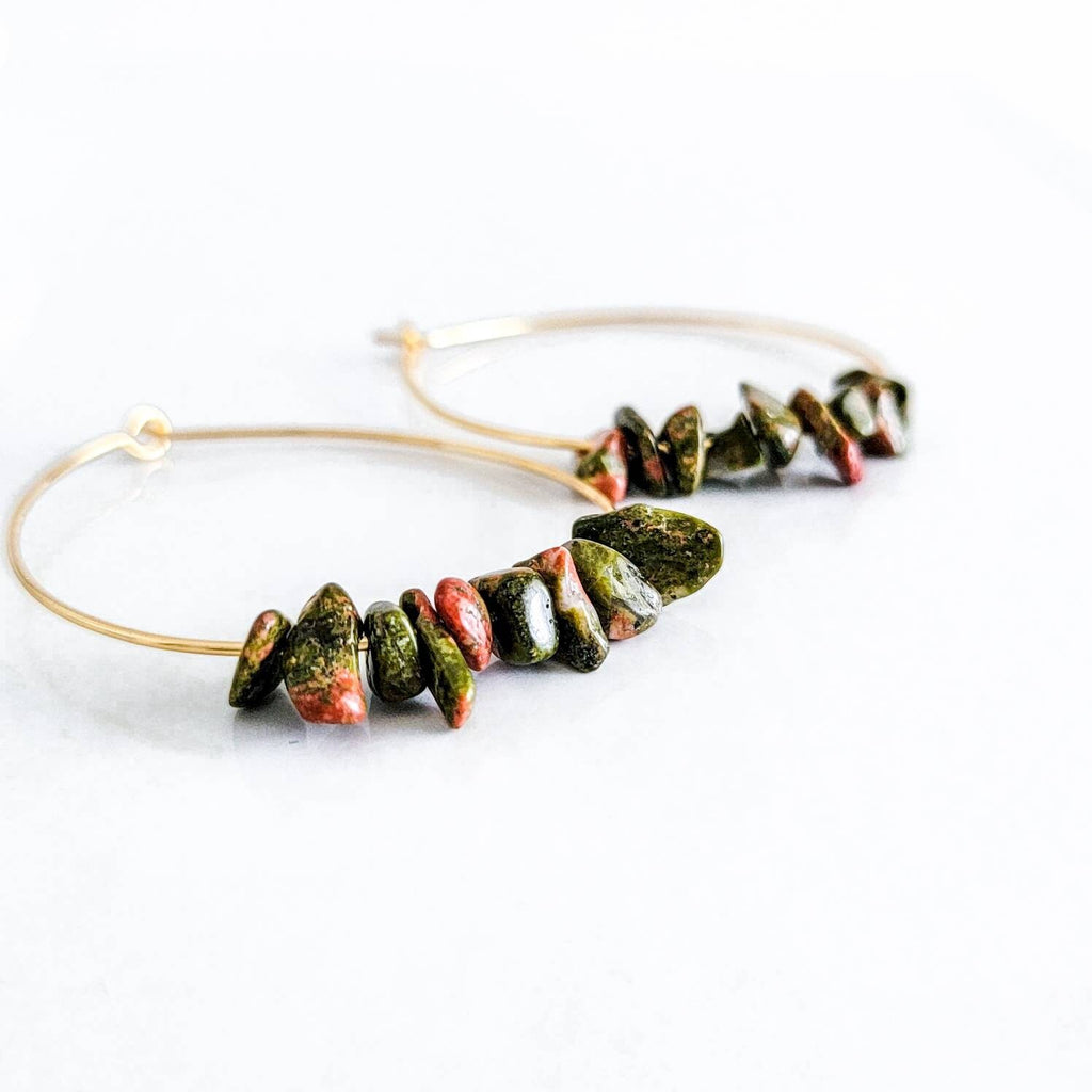 Unakite earrings, Large hoop earrings, Gold filled hoop earrings, Gemstone hoop earrings, Beaded hoop earrings, Dainty hoop earrings