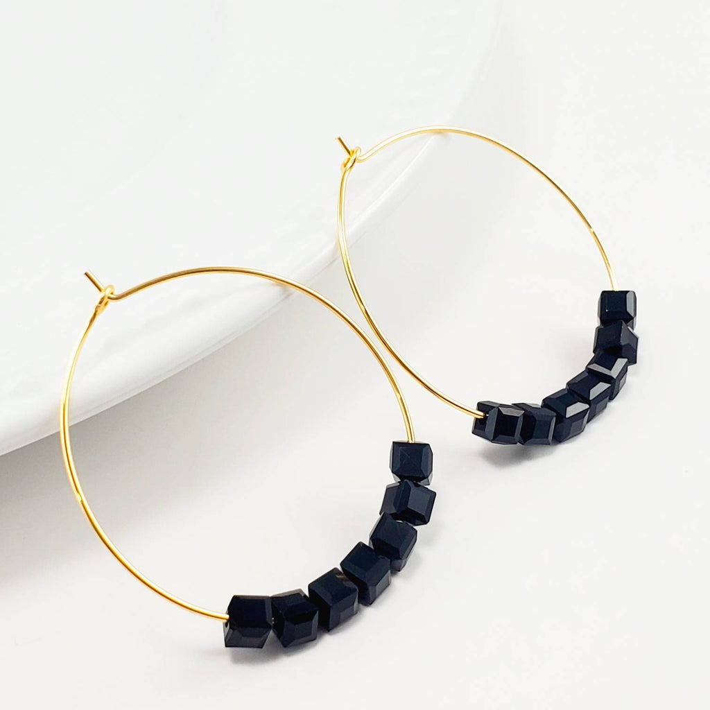 Black hoop earrings, Hoop crystal earrings, Dainty hoop earrings, Hoop earrings with charm, Thin Gold Classic Hoop Earrings, Lightweight