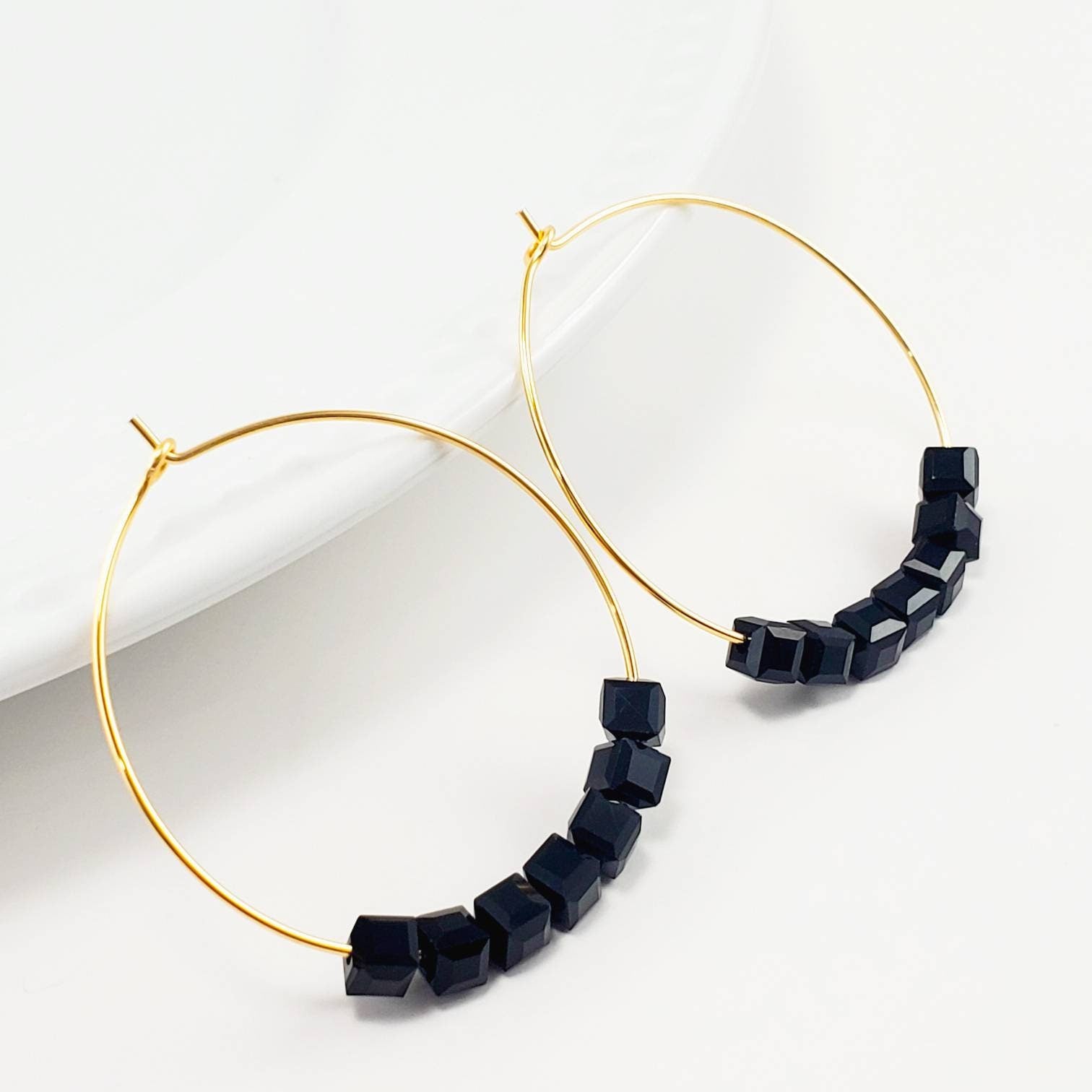 Black hoop earrings, Hoop crystal earrings, Dainty hoop earrings, Hoop earrings with charm, Thin Gold Classic Hoop Earrings, Lightweight
