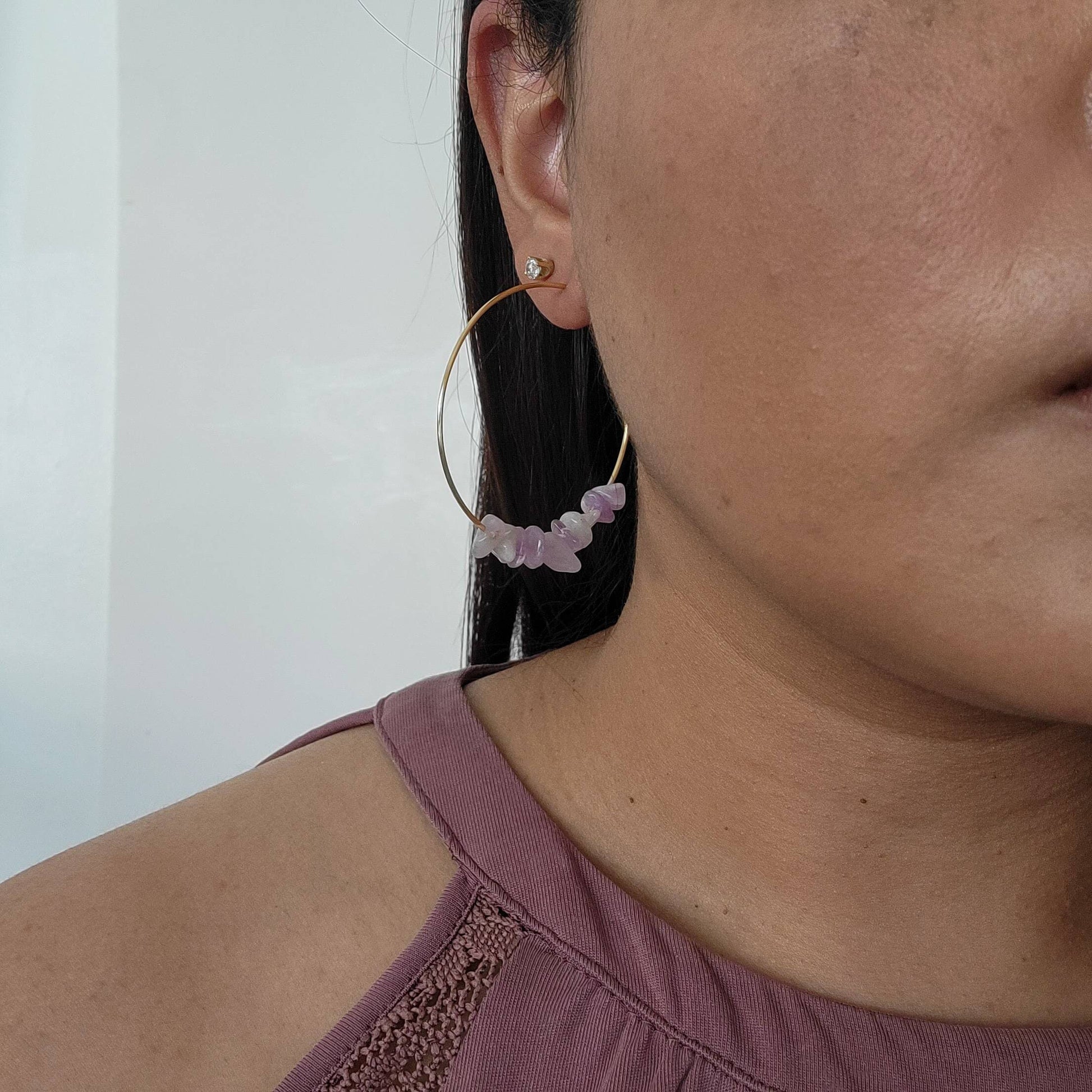 Lavender Jade earrings, Jade hoop earrings, Thin hoop earrings, Crystal hoop earrings, Raw crystal earrings, giftful gifts women, giftful
