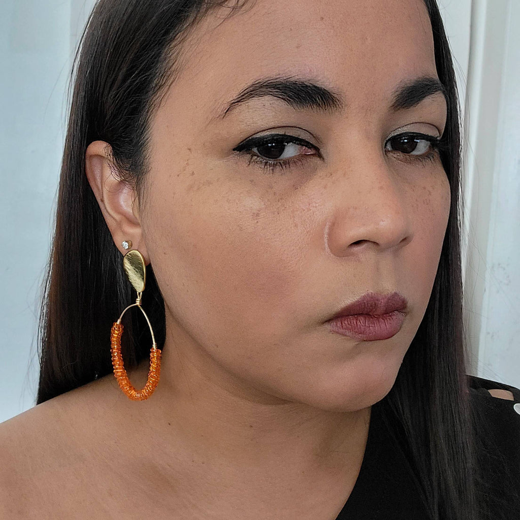 Orange Beaded Hoop earrings, Orange gold  hoop Earrings, Thick hoop earrings, Chunky hoop earrings, Large beaded hoop earrings