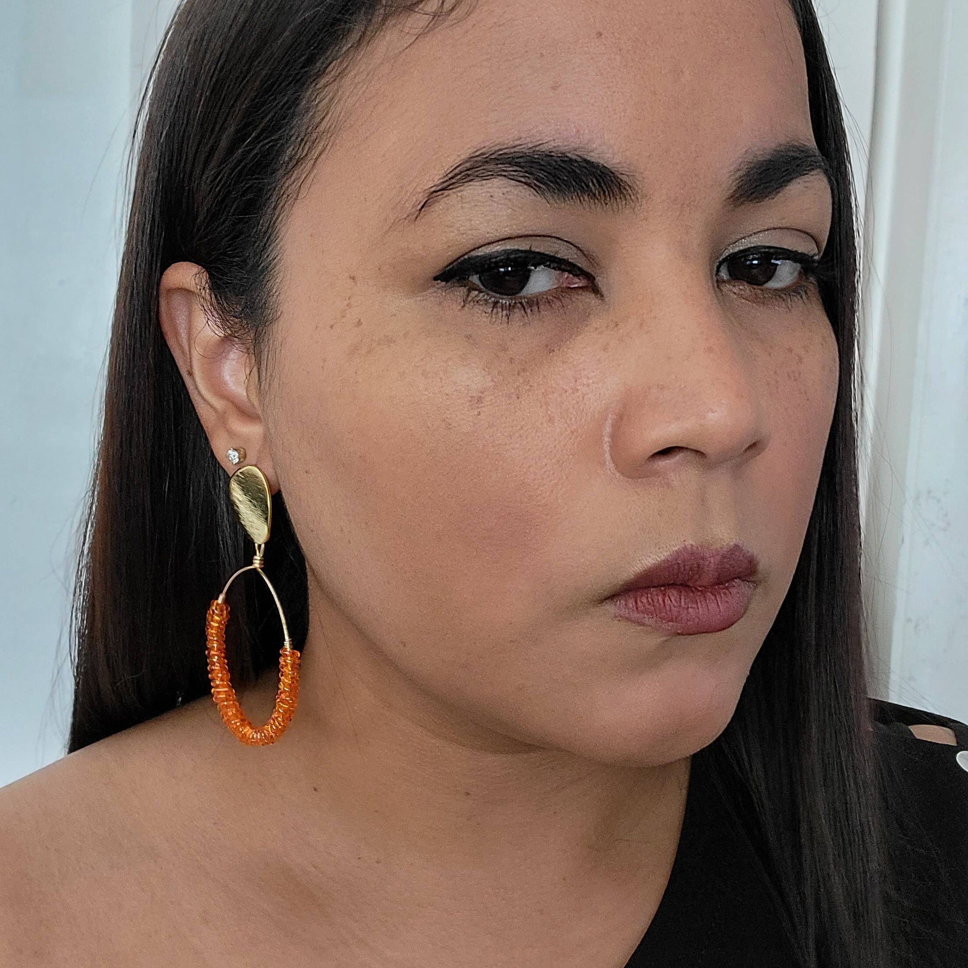 Orange Beaded Hoop earrings, Orange gold  hoop Earrings, Thick hoop earrings, Chunky hoop earrings, Large beaded hoop earrings