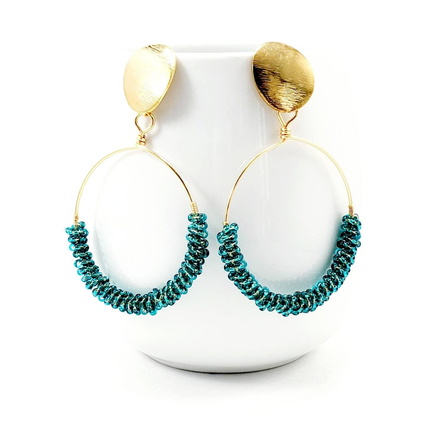 Green Beaded hoop earrings, Thick gold hoop earrings, Large Beaded Hoop Earrings, Chunky hoops earrings, Beaded hoop earrings boho,Big Hoops