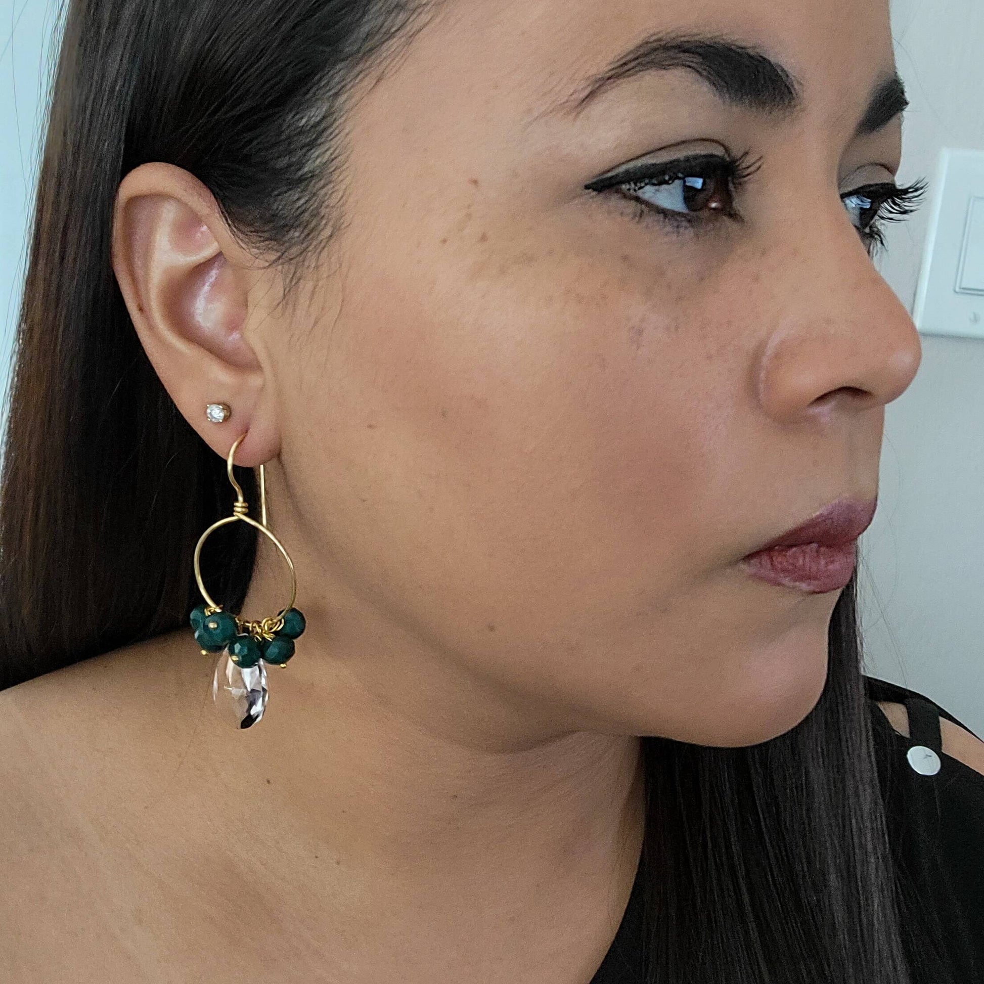 Gold Filled Wire Wrapped Crystal Huggies, Hypoallergenic Minimalist Gold Hoop Earrings, Hoop Earrings With Charm, hoop earrings with stones