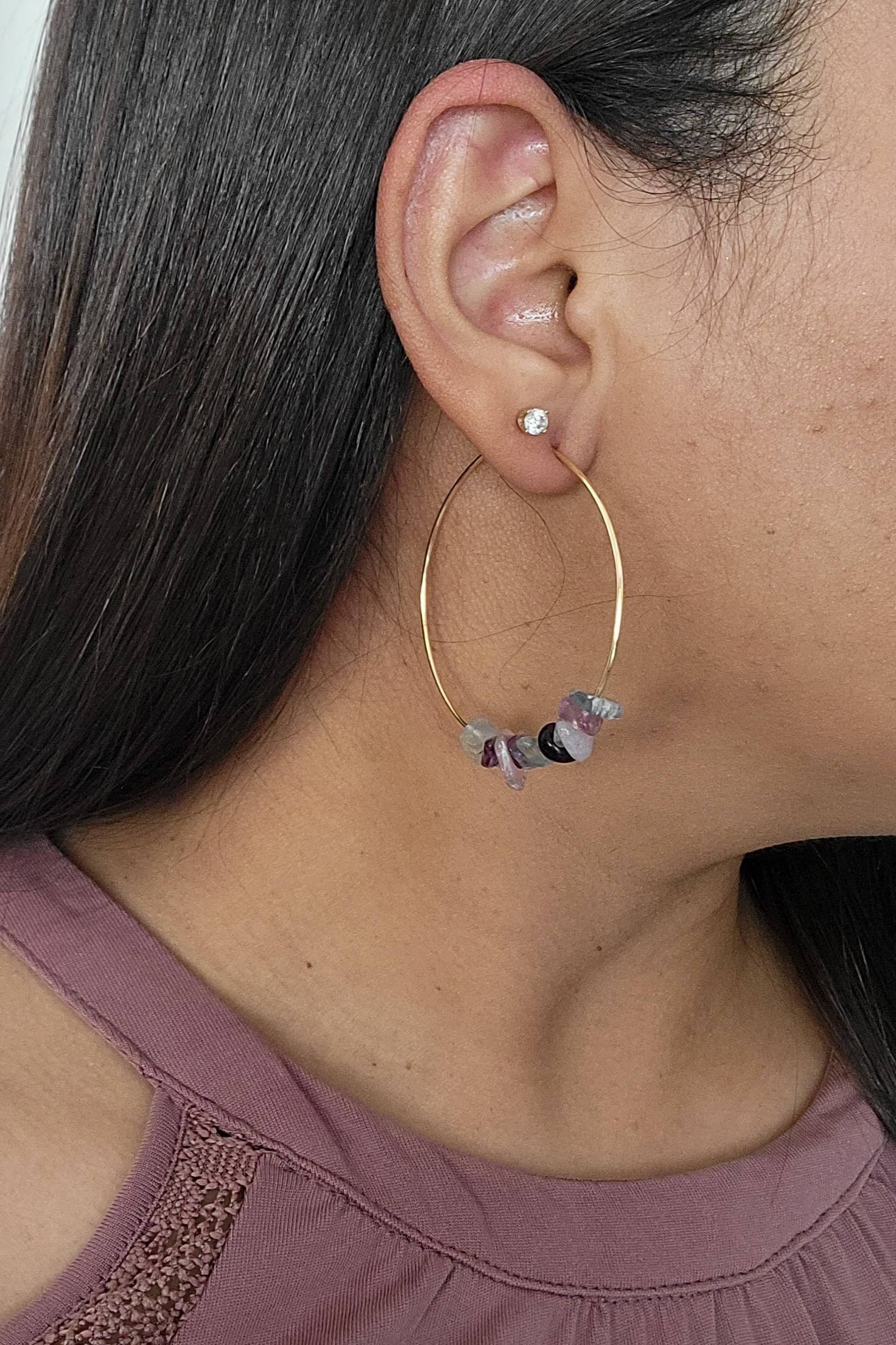 Raw Fluorite Hoop earrings, Rainbow Fluorite Thin Hoop earrings, Crystal Raw crystal earrings, rainbow fluorite, multi colored stones