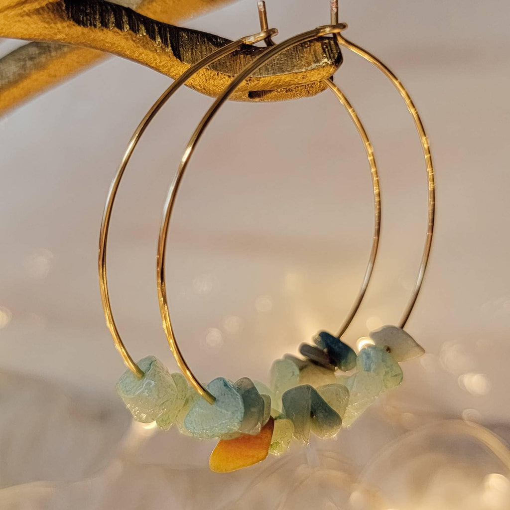Amazonite earrings, Thin gold hoop earrings, Big hoop earrings, lightweight earrings, raw stone earrings, healing earrings minimalistic