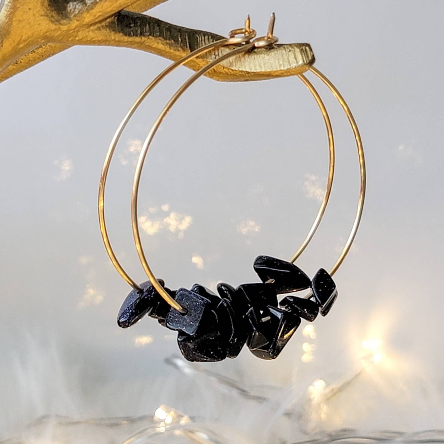 Thin gold hoop Blue goldstone earrings, gold filled hoop, gold wire hoop, large thin hoop, thin wire hoop, gifted earring, gifted-for women