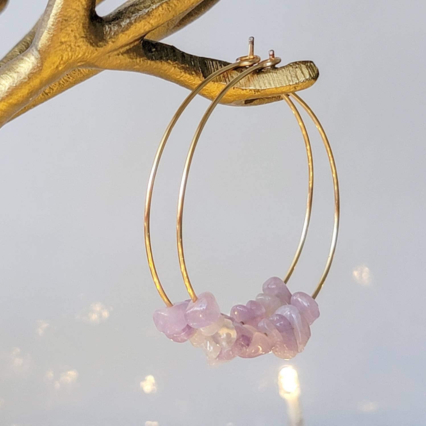 Lavender Jade earrings, Jade hoop earrings, Thin hoop earrings, Crystal hoop earrings, Raw crystal earrings, giftful gifts women, giftful
