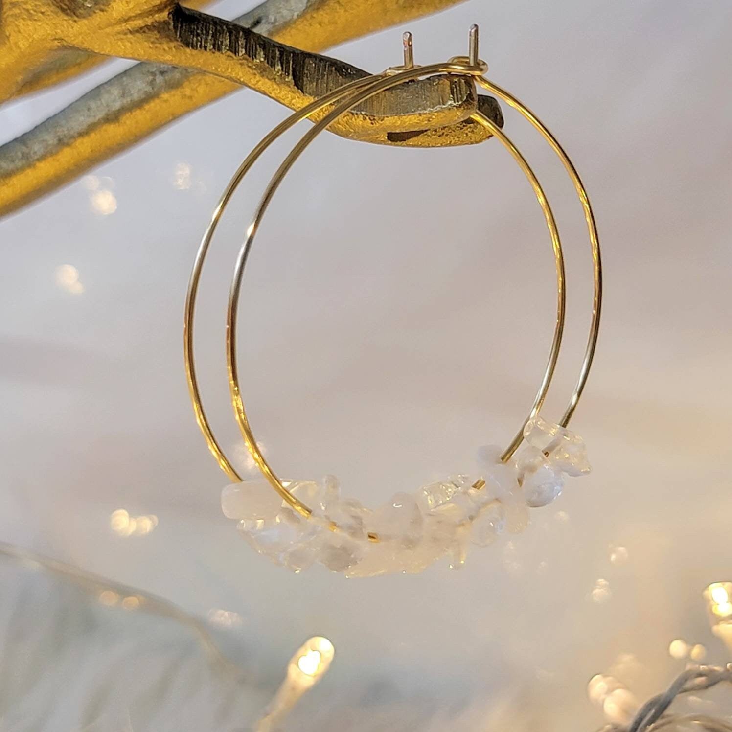 Lizz Franco Clear Quartz Hoop Earrings - Large Thin Crystal Hoop Earrings