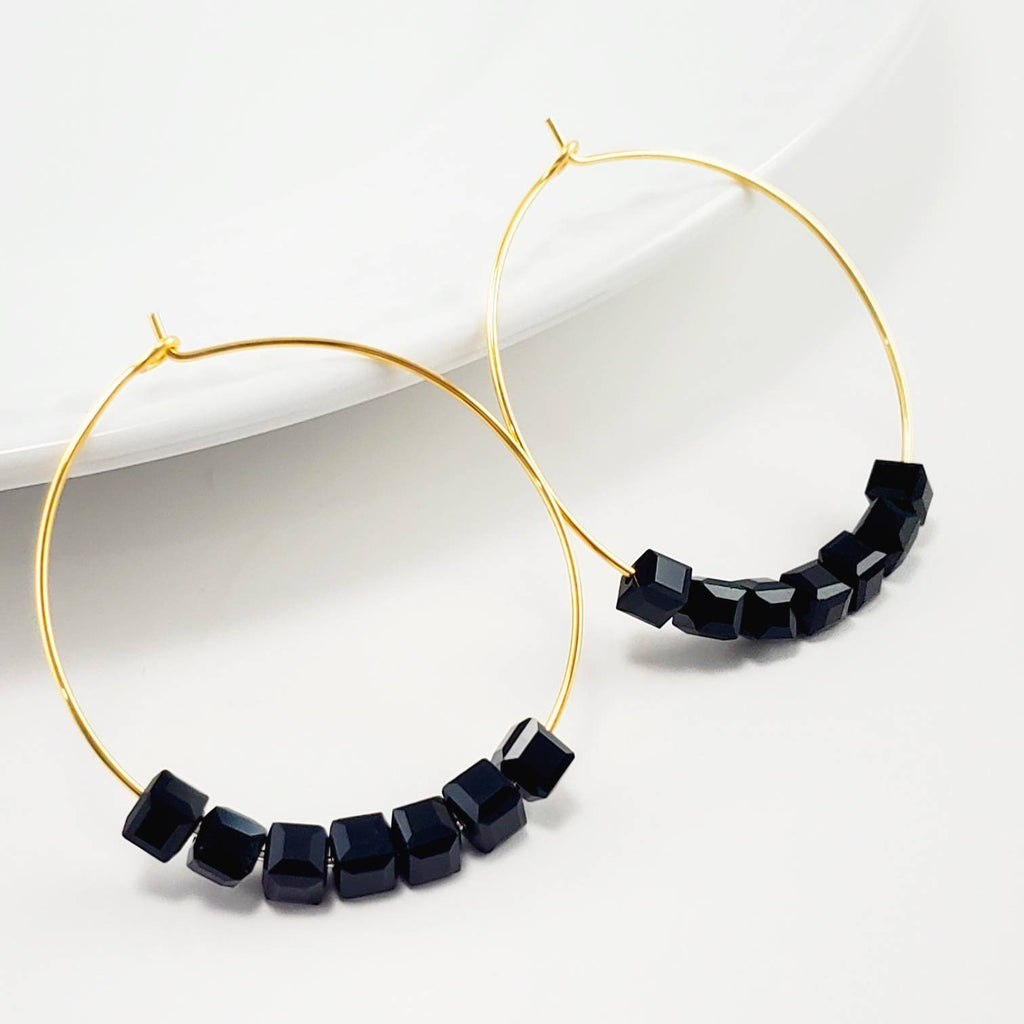 Black hoop earrings, Hoop crystal earrings, Dainty hoop earrings, Hoop earrings with charm, Thin Gold Classic Hoop Earrings, Lightweight