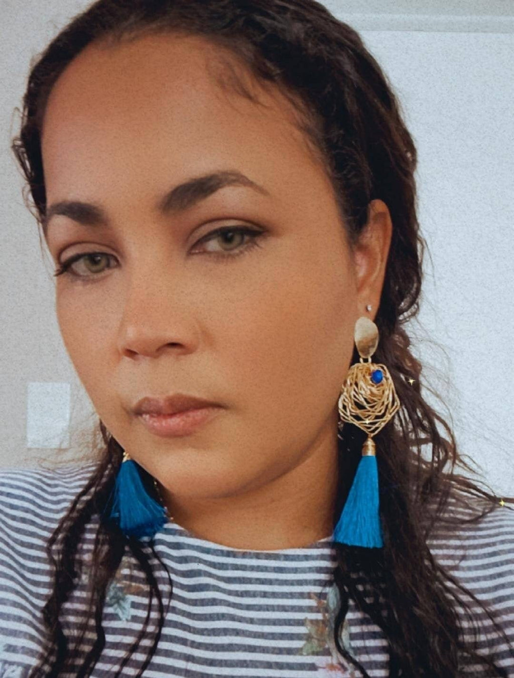 Blue tassel earrings, Gold Geometric Tassel earrings, Something blue for bride, Gold tassel earrings, long earrings, Blue earrings wedding