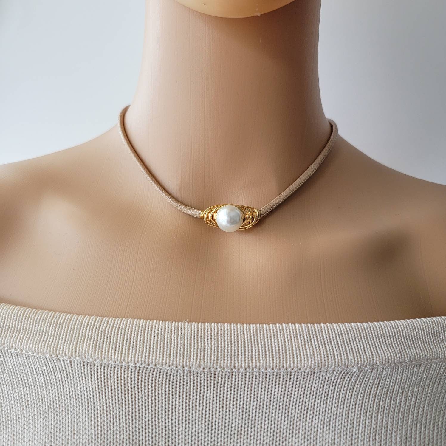 PEARL LEATHER CHOKER Necklace, Collar choker lace for women, Choker leather womens, Leather choker collar, Leather choker for women