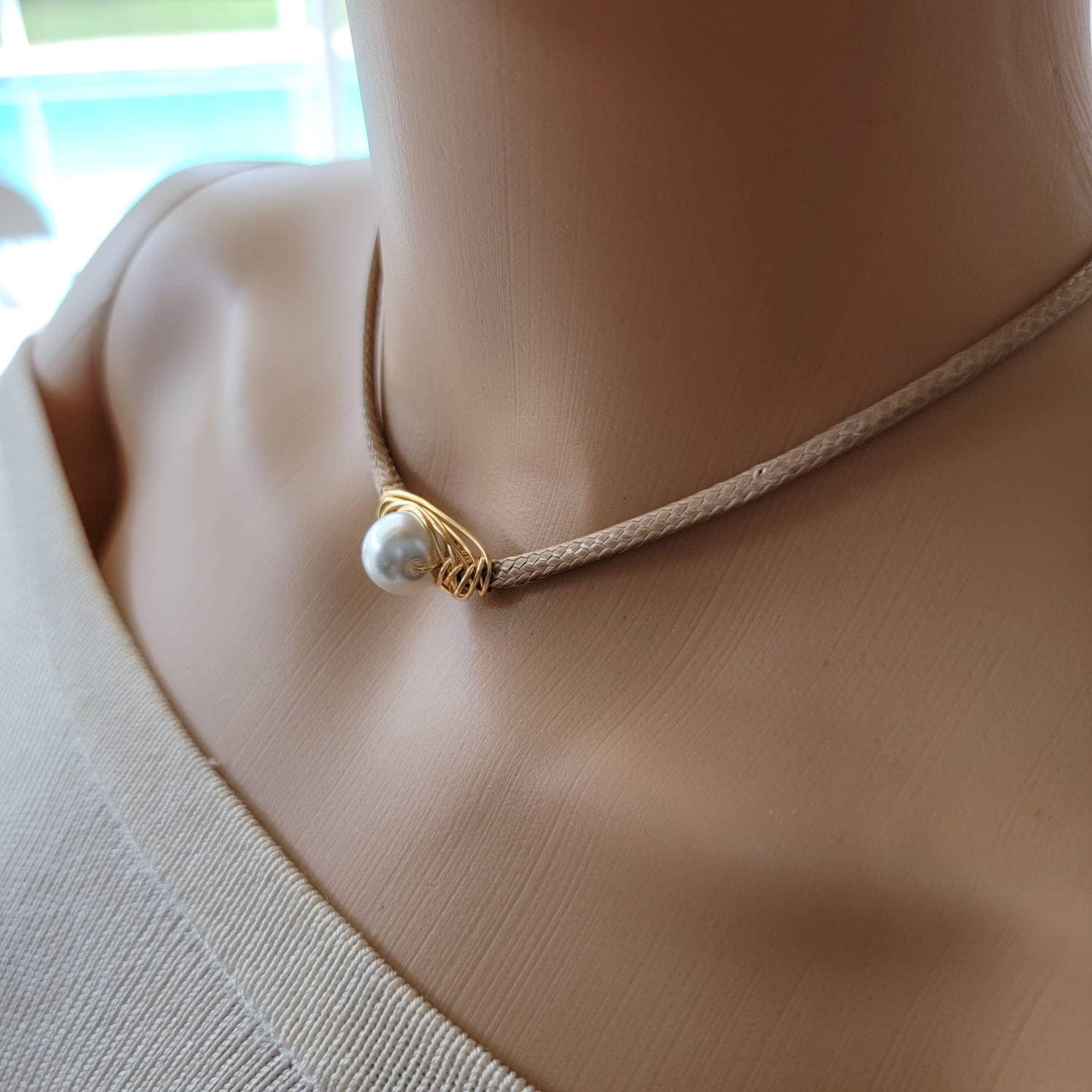 PEARL LEATHER CHOKER Necklace, Collar choker lace for women, Choker leather womens, Leather choker collar, Leather choker for women