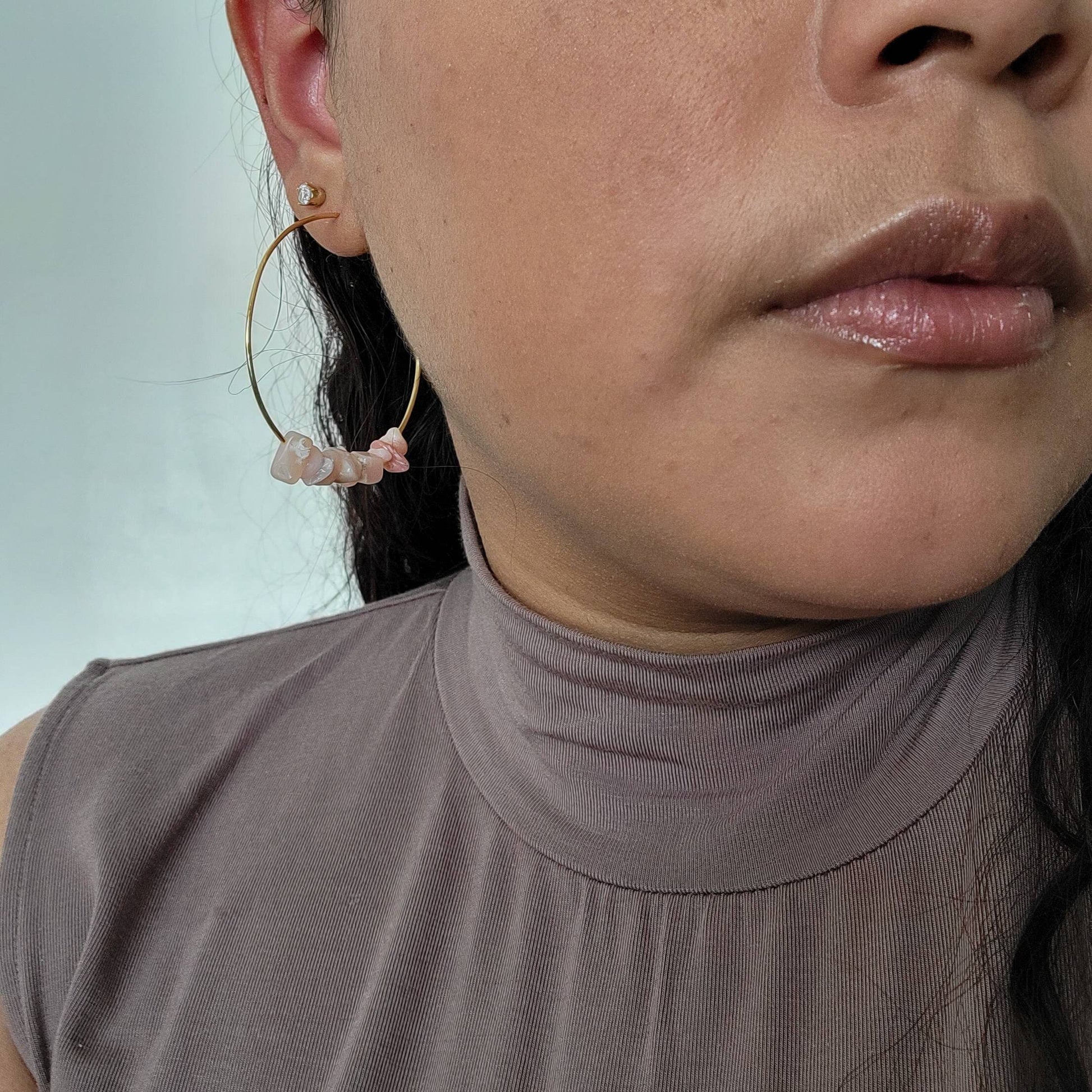 Pink opal hoop earrings, Pink rose earrings, Big hoop earrings, Thin hoop earrings, Crystal hoop earrings, Gold filled hoop earrings,