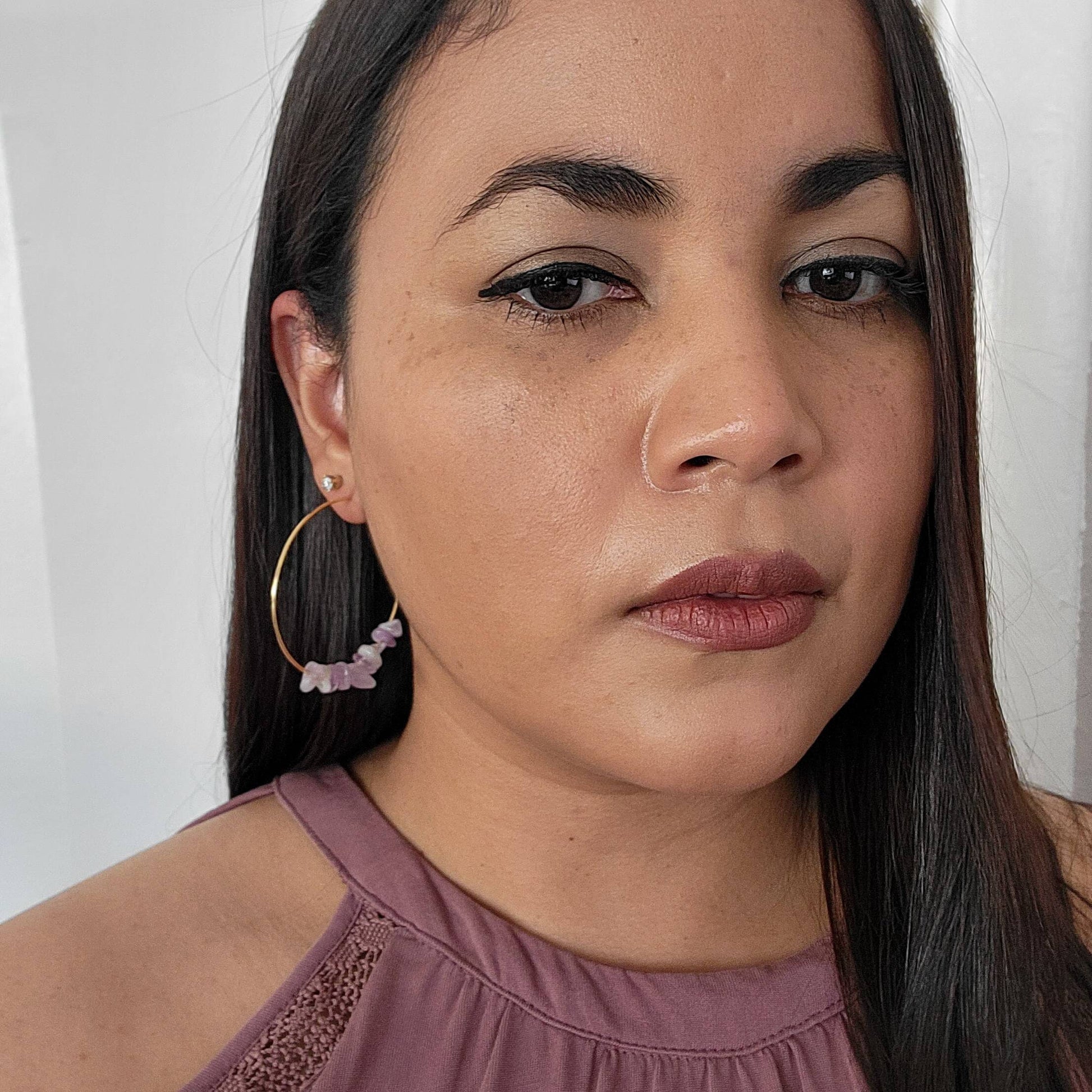 Lavender Jade earrings, Jade hoop earrings, Thin hoop earrings, Crystal hoop earrings, Raw crystal earrings, giftful gifts women, giftful