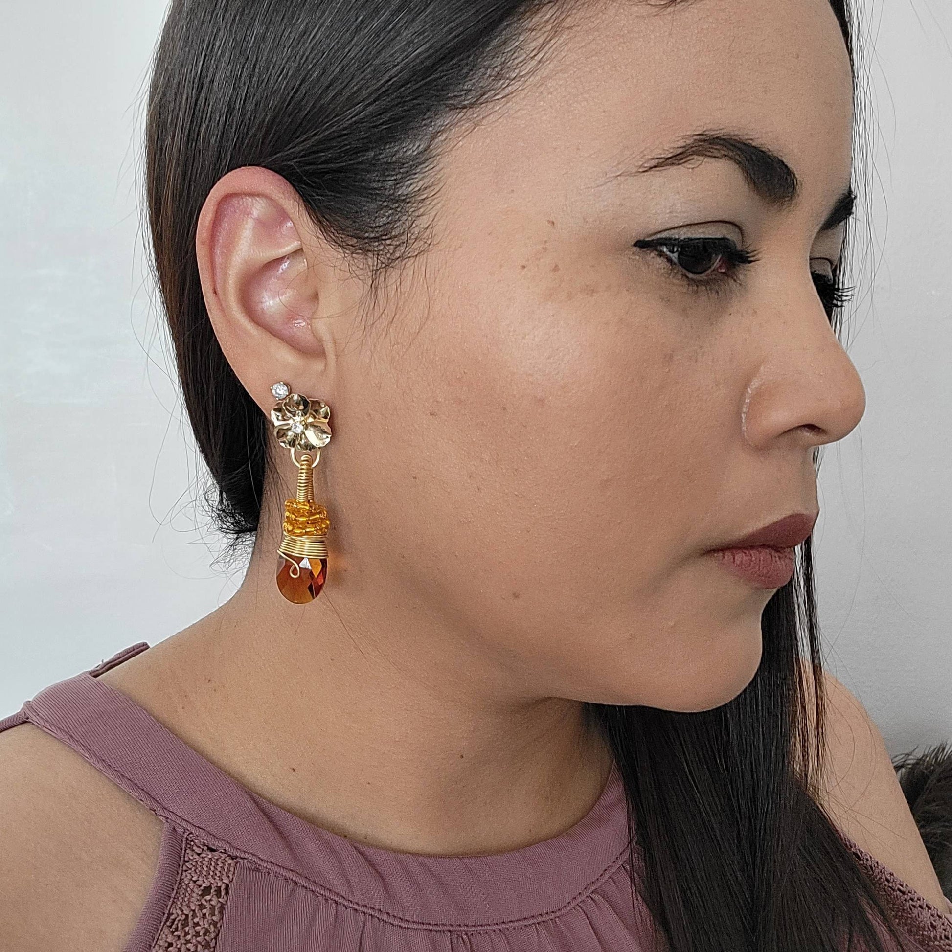 Amber Crystal teardrop earrings, Baltic Honey Amber Earrings, Large stone earrings, Honey cognac amber earrings, mother's day gift