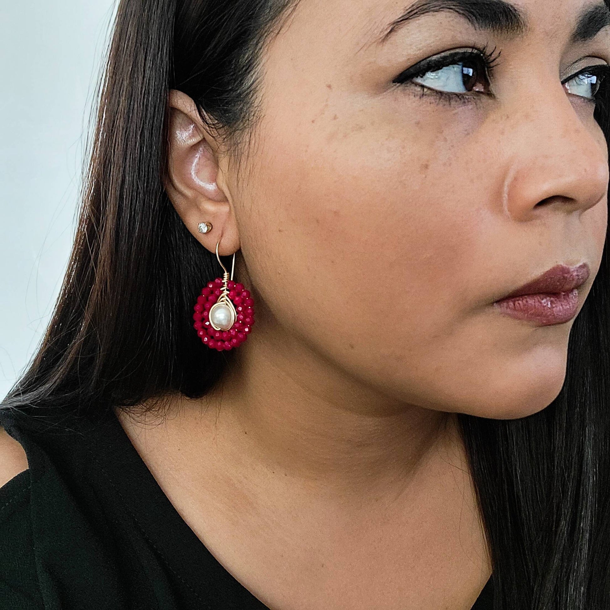 Red Pearl drop earrings, Real pearl earrings, Crystal and pearl drop earrings, Red Crystal dangle, Red crystal earrings, mothers day gift