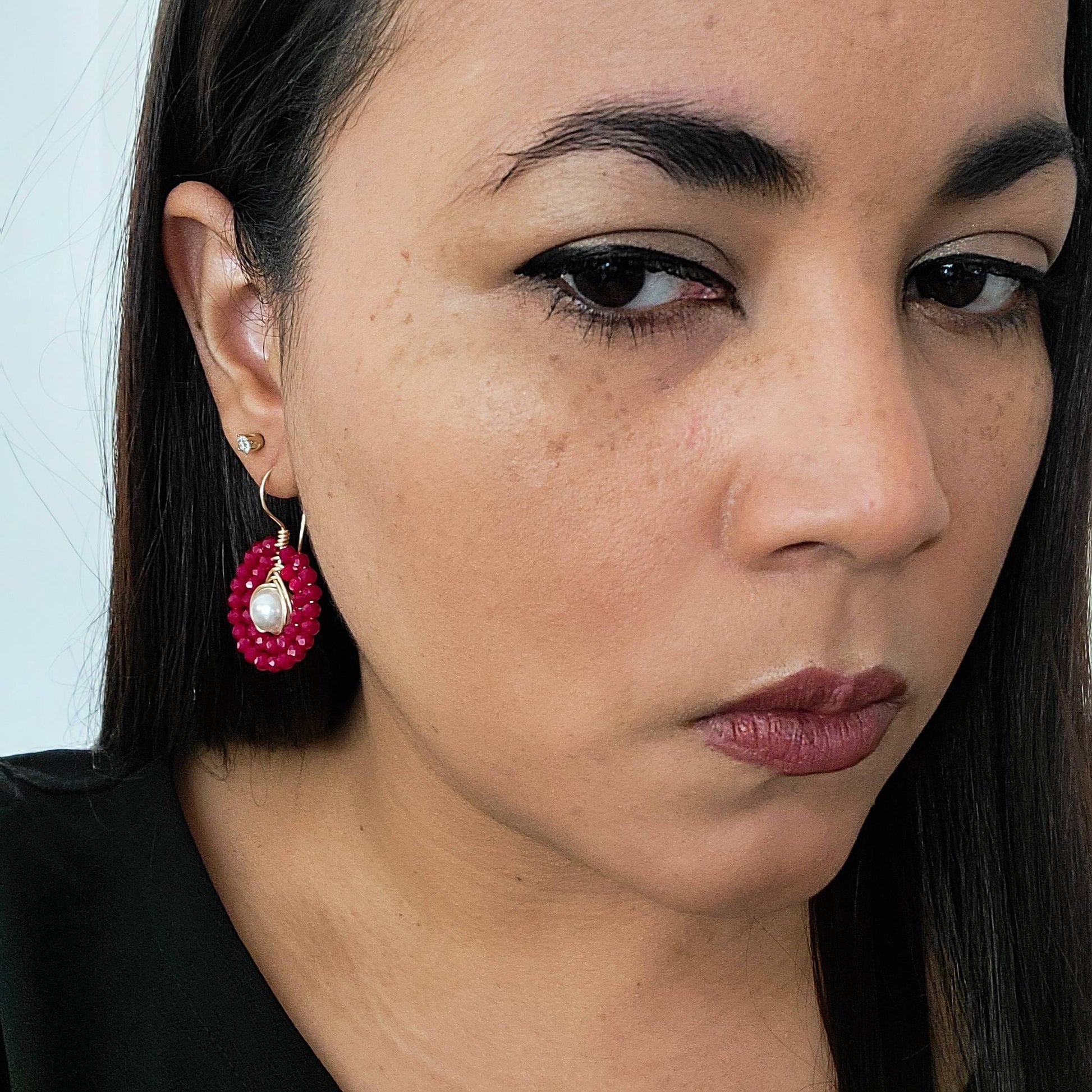 Red Pearl drop earrings, Real pearl earrings, Crystal and pearl drop earrings, Red Crystal dangle, Red crystal earrings, mothers day gift