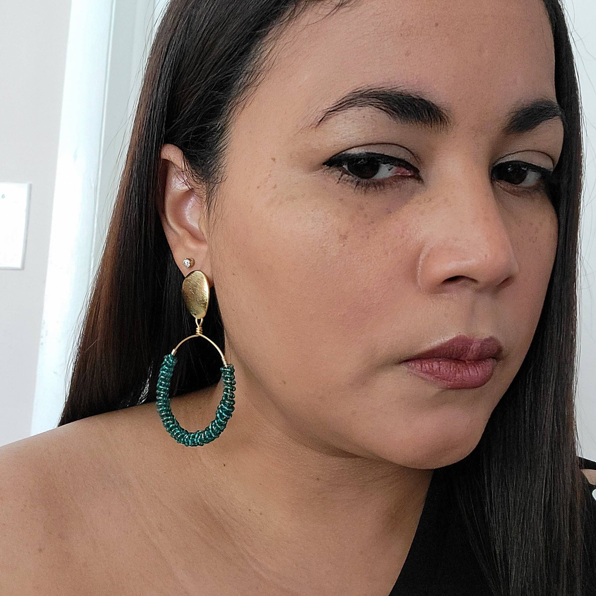 Green Beaded hoop earrings, Thick gold hoop earrings, Large Beaded Hoop Earrings, Chunky hoops earrings, Beaded hoop earrings boho,Big Hoops