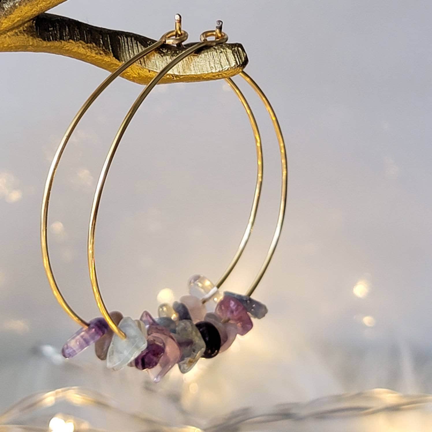 Raw Fluorite Hoop earrings, Rainbow Fluorite Thin Hoop earrings, Crystal Raw crystal earrings, rainbow fluorite, multi colored stones