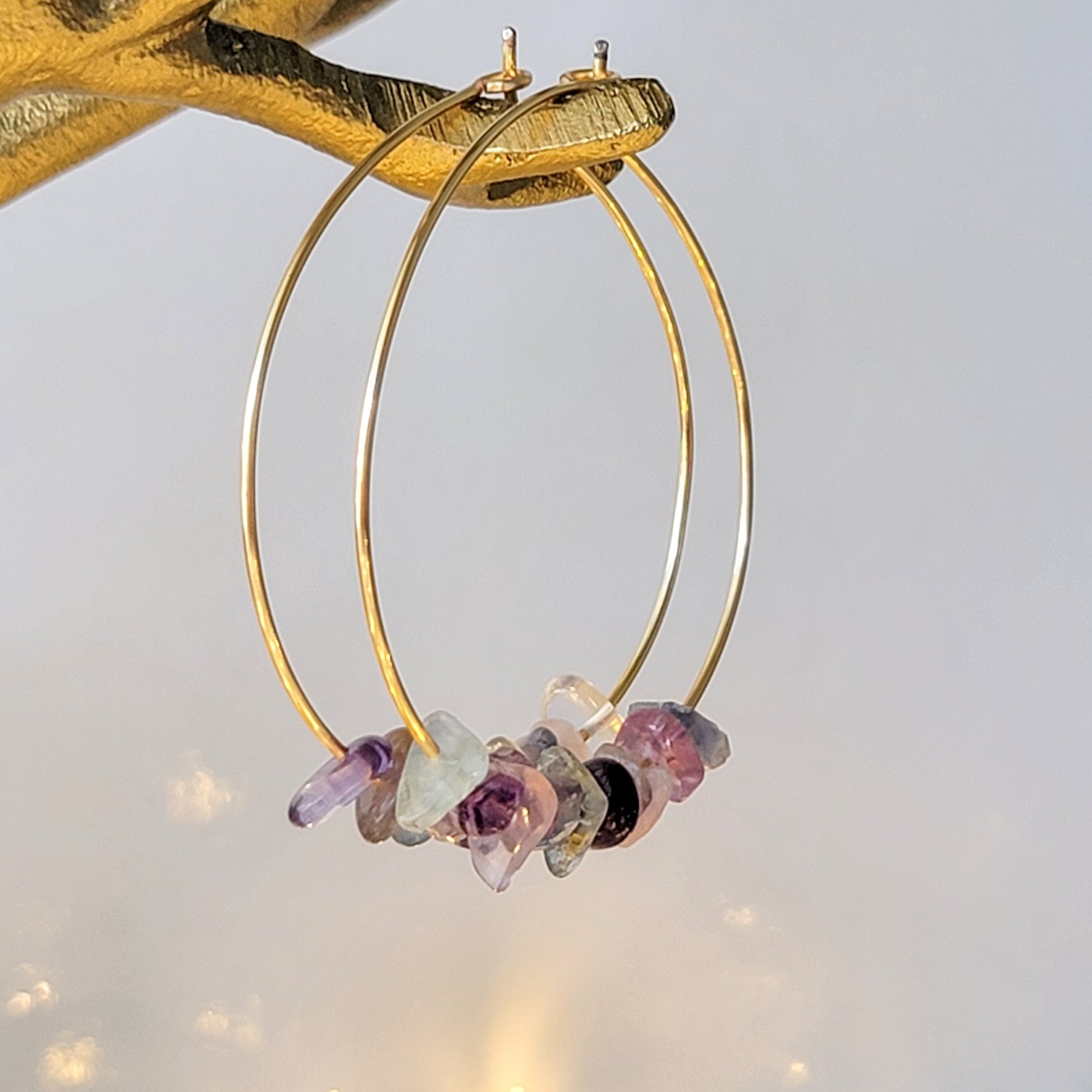 Raw Fluorite Hoop earrings, Rainbow Fluorite Thin Hoop earrings, Crystal Raw crystal earrings, rainbow fluorite, multi colored stones