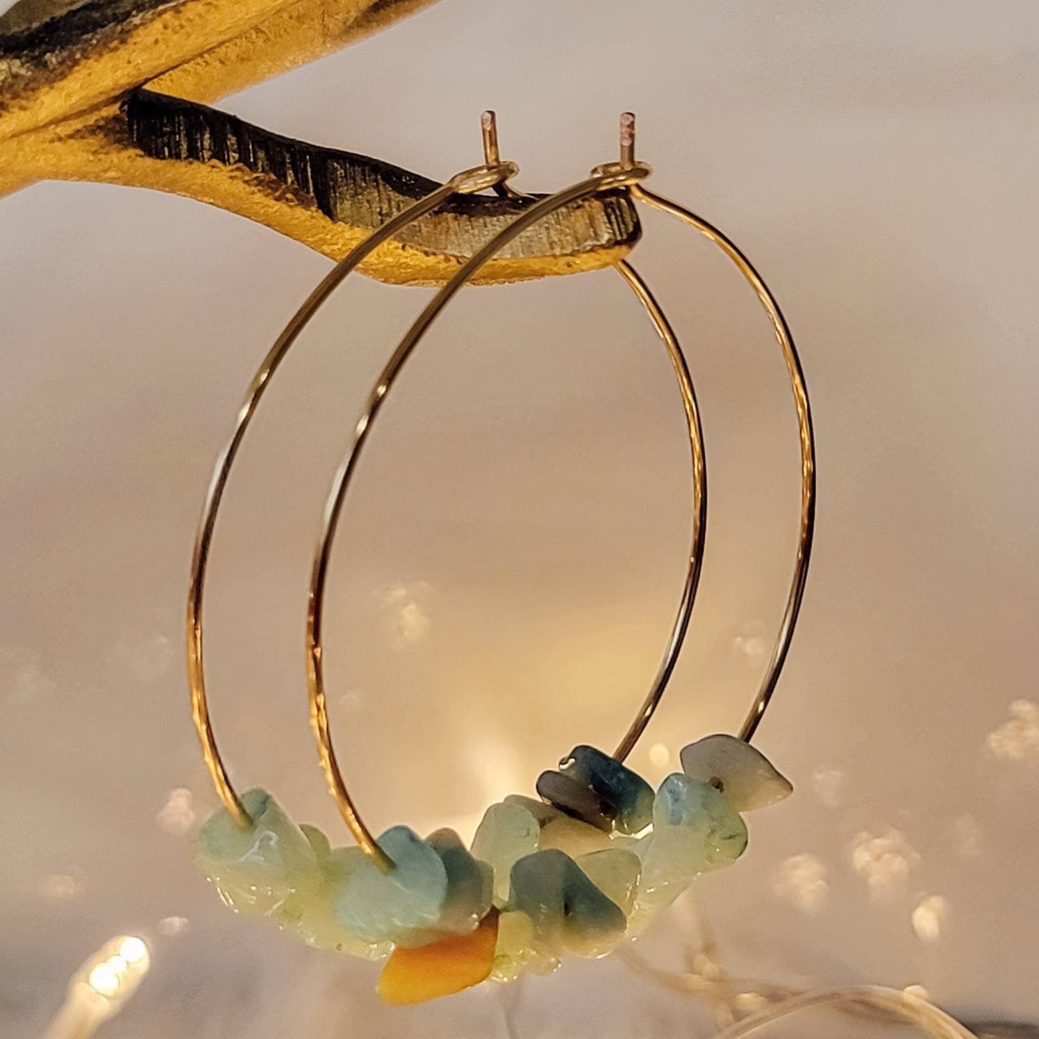 Amazonite earrings, Thin gold hoop earrings, Big hoop earrings, lightweight earrings, raw stone earrings, healing earrings minimalistic