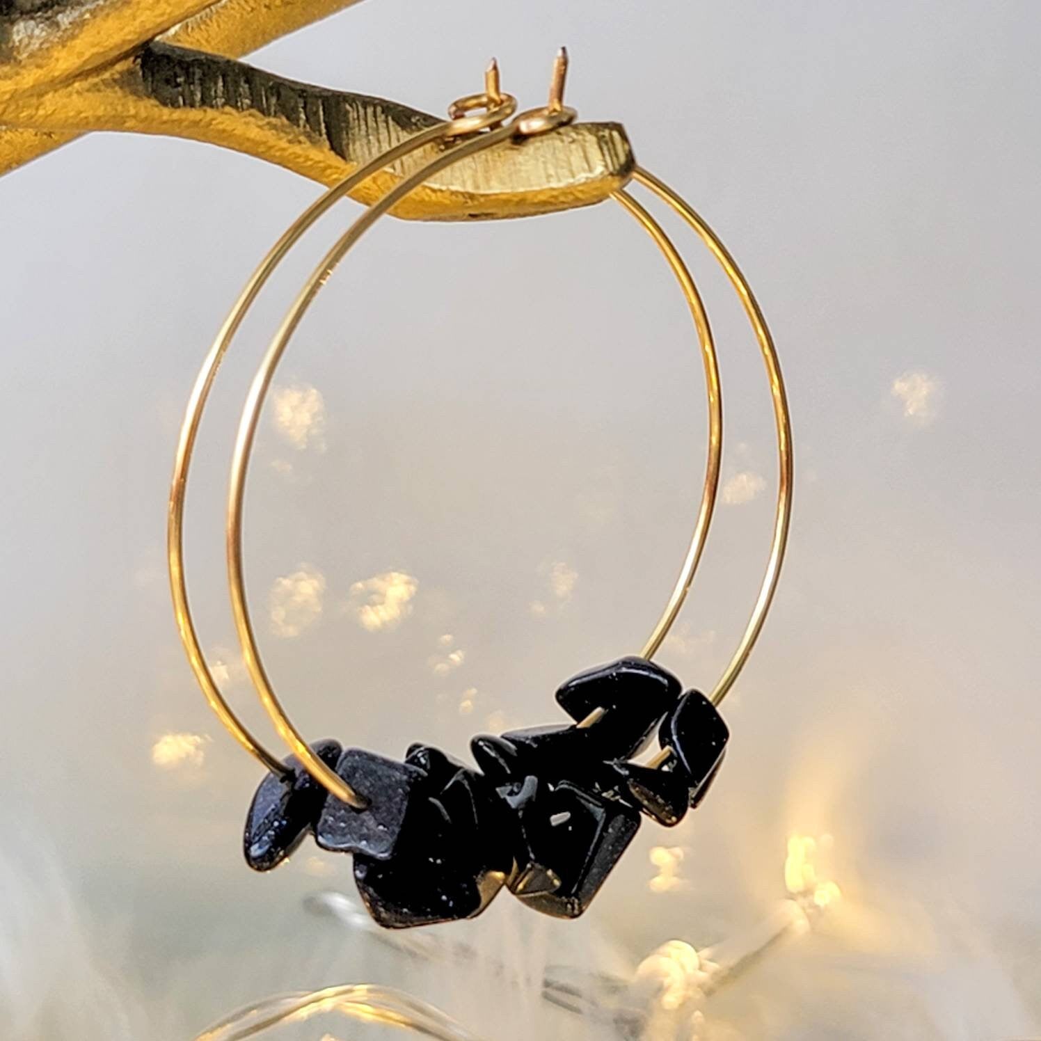 Thin gold hoop Blue goldstone earrings, gold filled hoop, gold wire hoop, large thin hoop, thin wire hoop, gifted earring, gifted-for women
