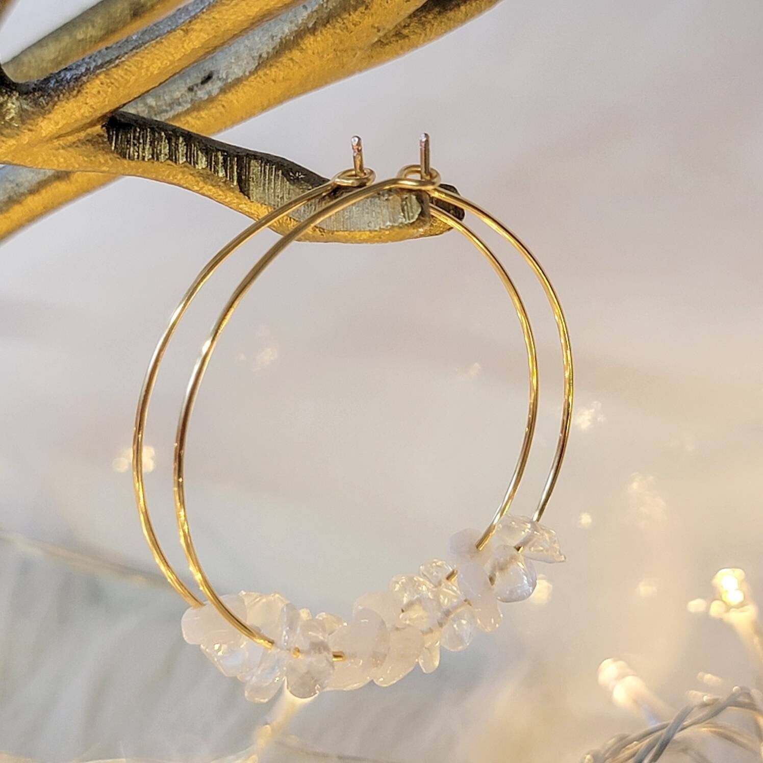 Lizz Franco Clear Quartz Hoop Earrings - Large Thin Crystal Hoop Earrings