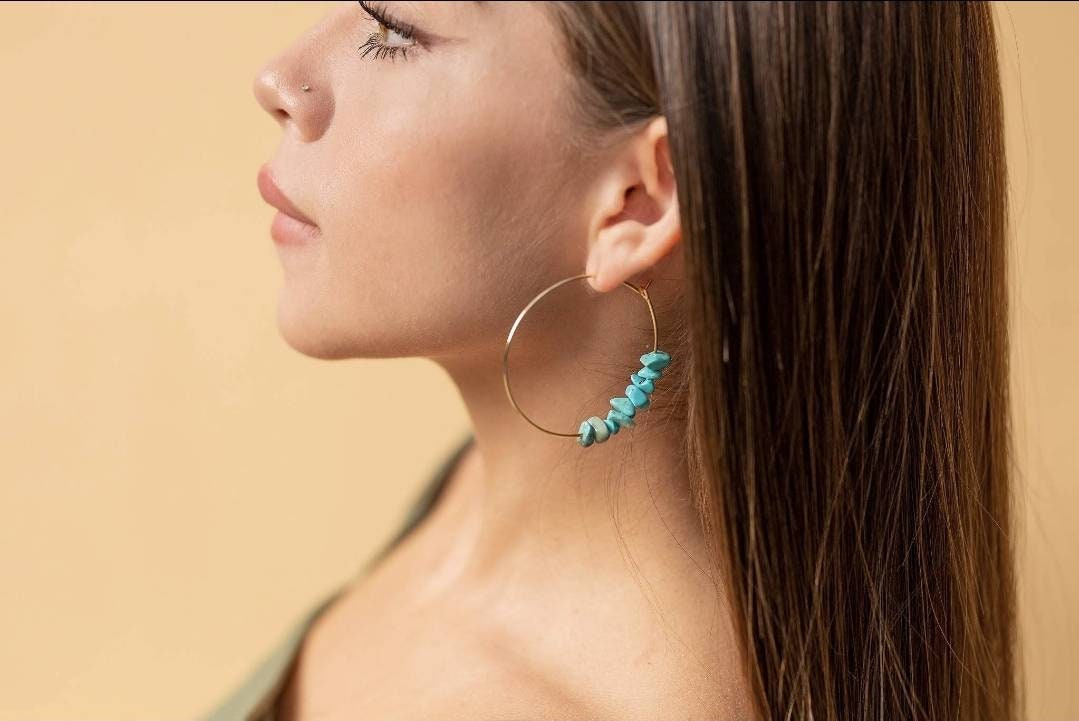 Labradorite Hoop Earrings - Gold Filled, Thin Hoop Earrings, gemstone hoop earrings